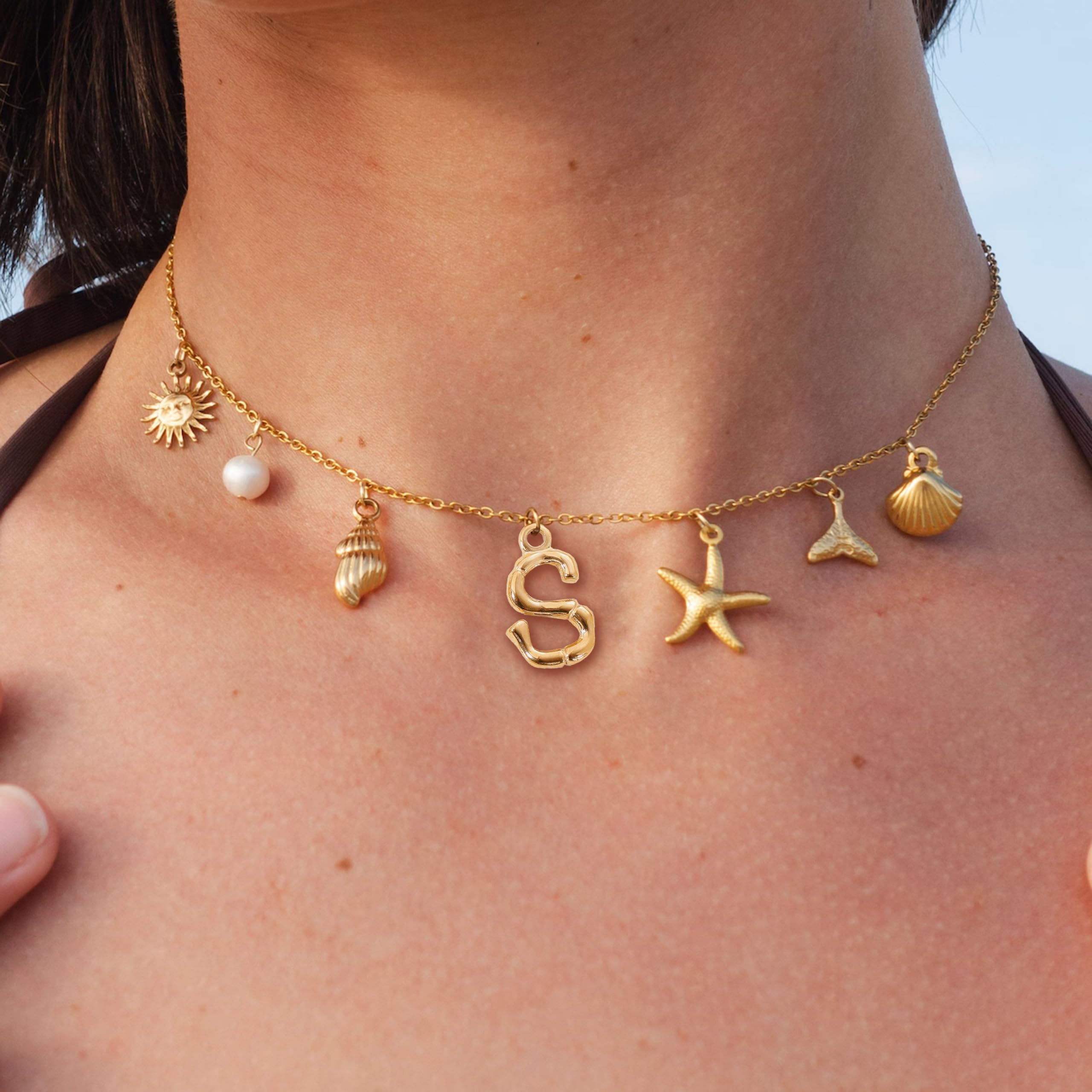 HUASAI Initial Charm Necklace for Women - Beach Starfish Shell Pearl Pendant Boho Surfer Jewelry - Perfect for Summer Vacation, Beach Party & Gift Giving