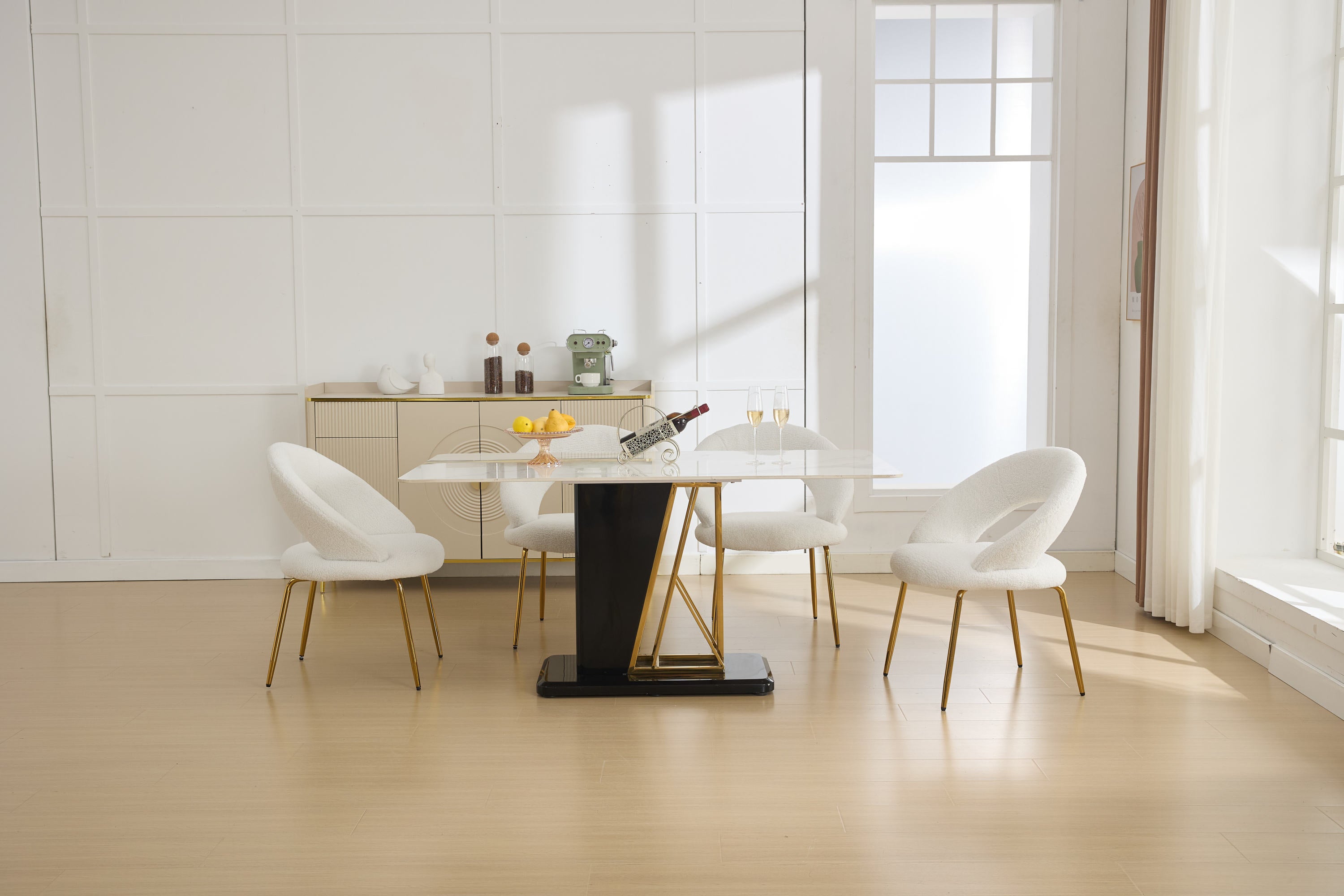 Teddy Fabric Dining Chairs Set of 1 - White Upholstered Kitchen Chairs with Curved Backrest & Gold Metal Legs for Dining Room, Breakfast Nook or Small Space Decor