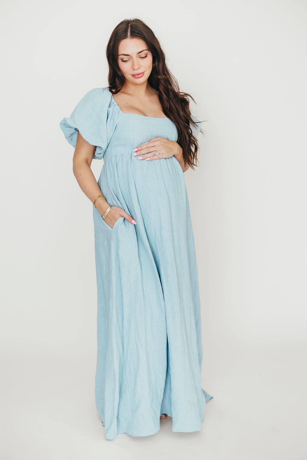 Candace Maxi Dress in Light Blue | 100% Linen Maternity Dress | Bump Friendly & Comfortable | Perfect for Summer, Beach, and Casual Outings