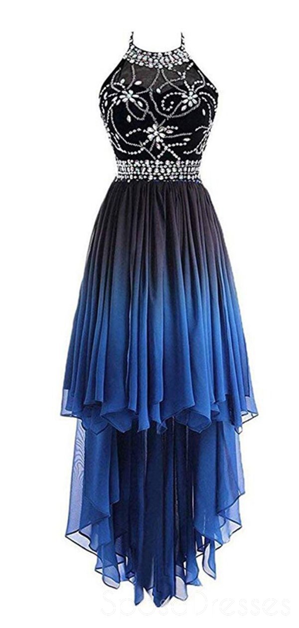 Elegant Beaded High-Low Chiffon Ombre Prom Dress for Evening & Sweet 16 Parties | Long Formal Gown with Flowy Hem | Perfect for Homecoming, Quinceañera & Special Occasions