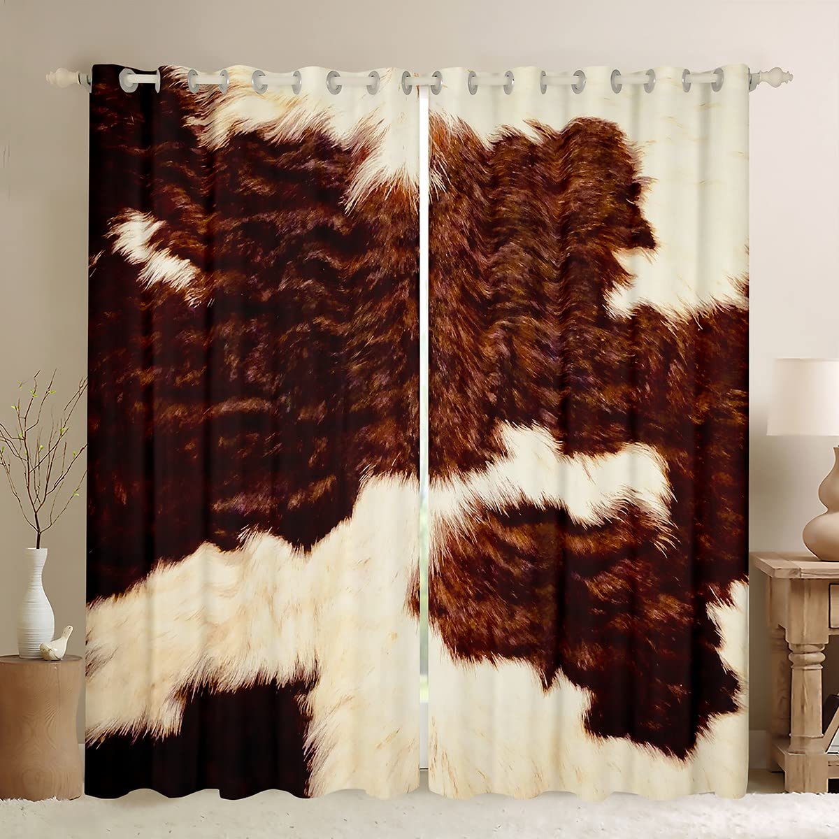 Erosebridal Cow Fur Curtains 42x90 Inches - Brown & White Western Cowhide Window Drapes for Bedroom & Living Room | Rustic Farmhouse Decor, Aztec Animal Print Window Treatments (2 Panels) - Perfect for Western Theme, Ranch Style Homes & Bohemian Interior Design