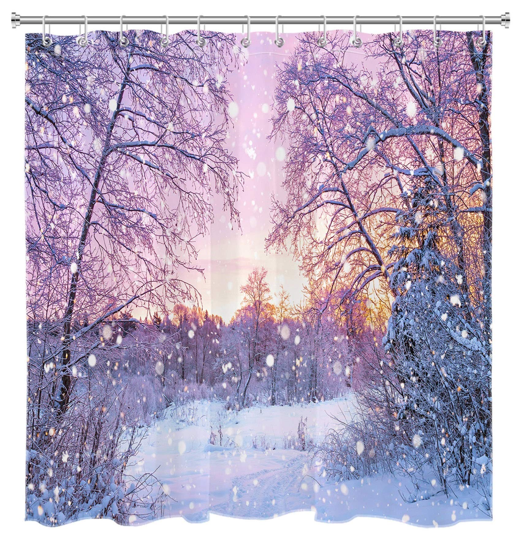 HVEST Winter Snow Forest Shower Curtain - White Snowflake Bathroom Decor with Sunset Scene, 72x72 Inches Waterproof Shower Curtain Set with Hooks - Perfect for Cozy Winter Bathrooms & Cabin Retreats