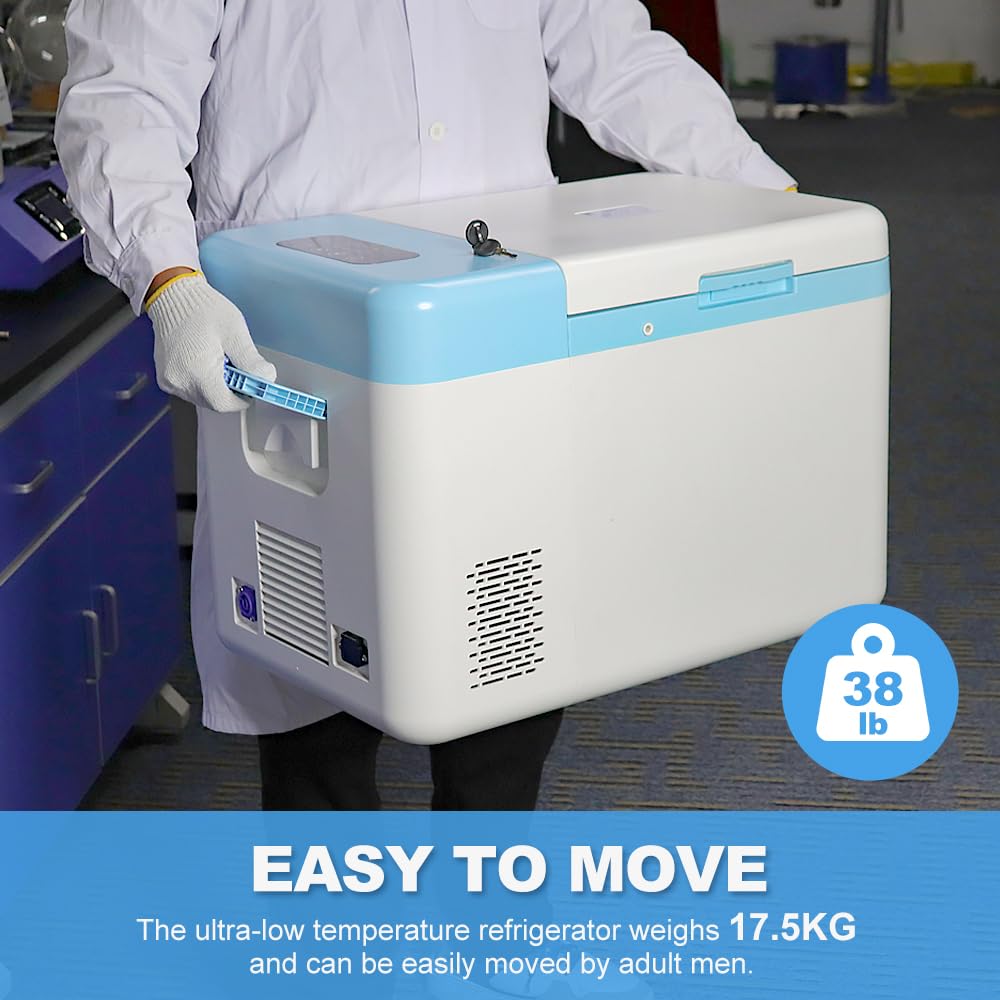 Portable Ultra-Low Temperature Freezer (-86°C to 18°C/-122.8°F to 64.4°F) for Lab Sample Storage | 12V-240V Compatible Cryogenic Freezer with 38LB Capacity | Ideal for Laboratory, Medical, and Research Sample Preservation