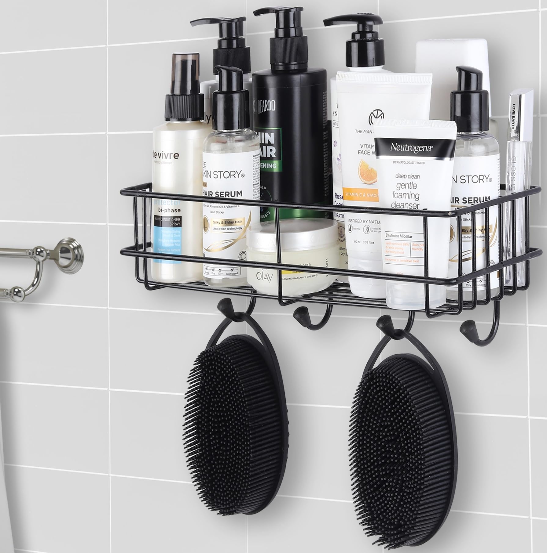 WolChen Adhesive Shampoo & Soap Holder Shelf - Wall Mount Bathroom & Kitchen Storage Organizer, Black Mild Steel - Perfect for Small Spaces, Showers, and Closet Organization