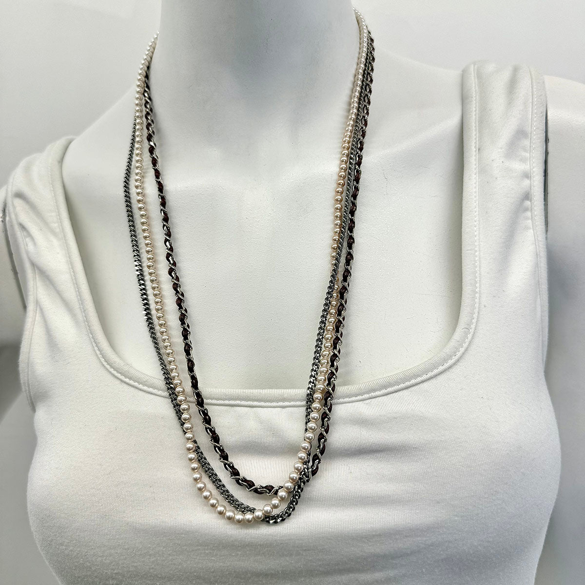 Chanel 3 Strand 28 Inch Faux Pearl Necklace with CC Logo - Elegant Eyeglass Chain for Women, Perfect for Reading Glasses & Fashion Accessories