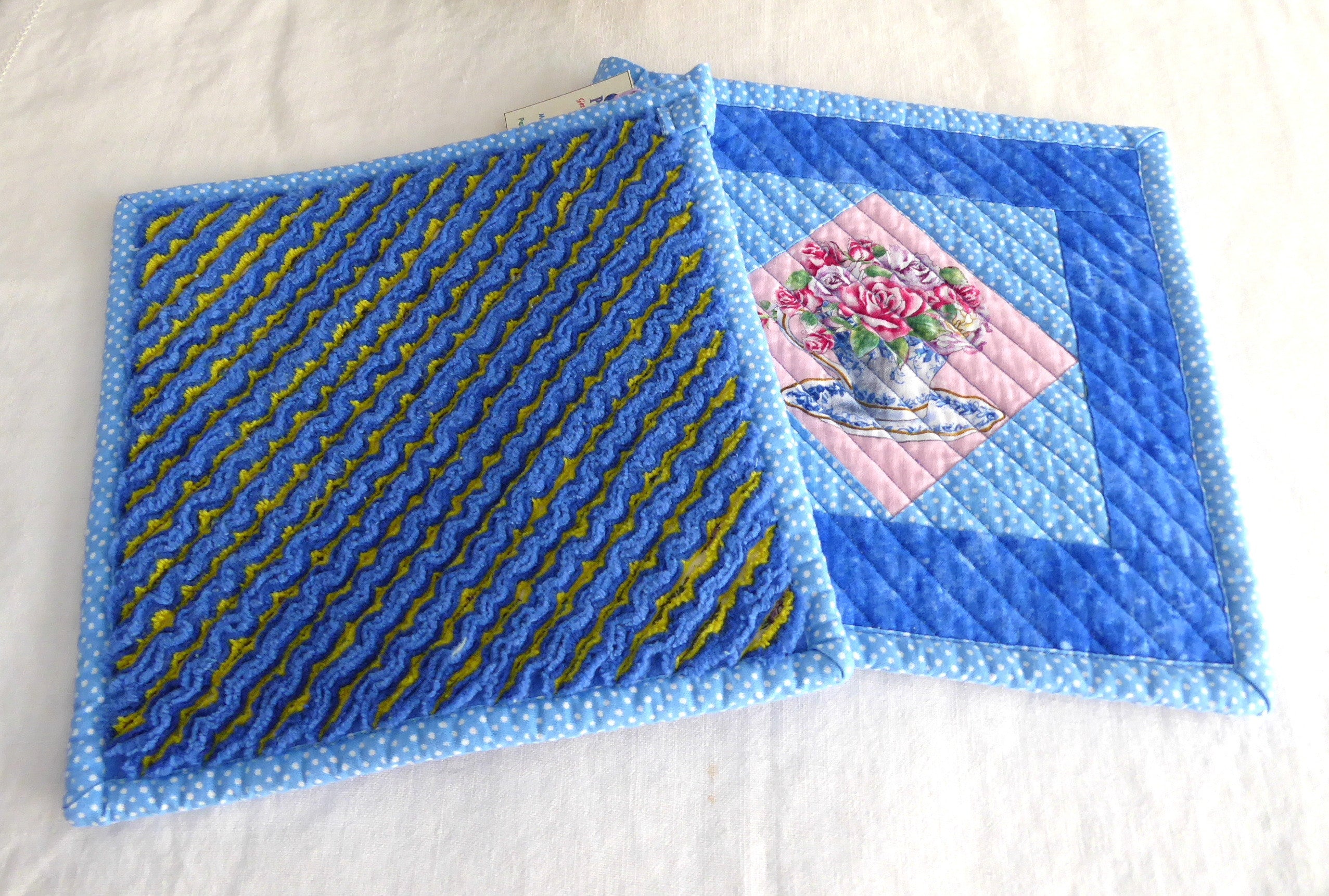 Handmade Blue and Pink Teacup Themed Potholders - Set of 2 Heat Resistant Kitchen Accessories for Baking, Cooking & Home Decor - Supports Animal Charity