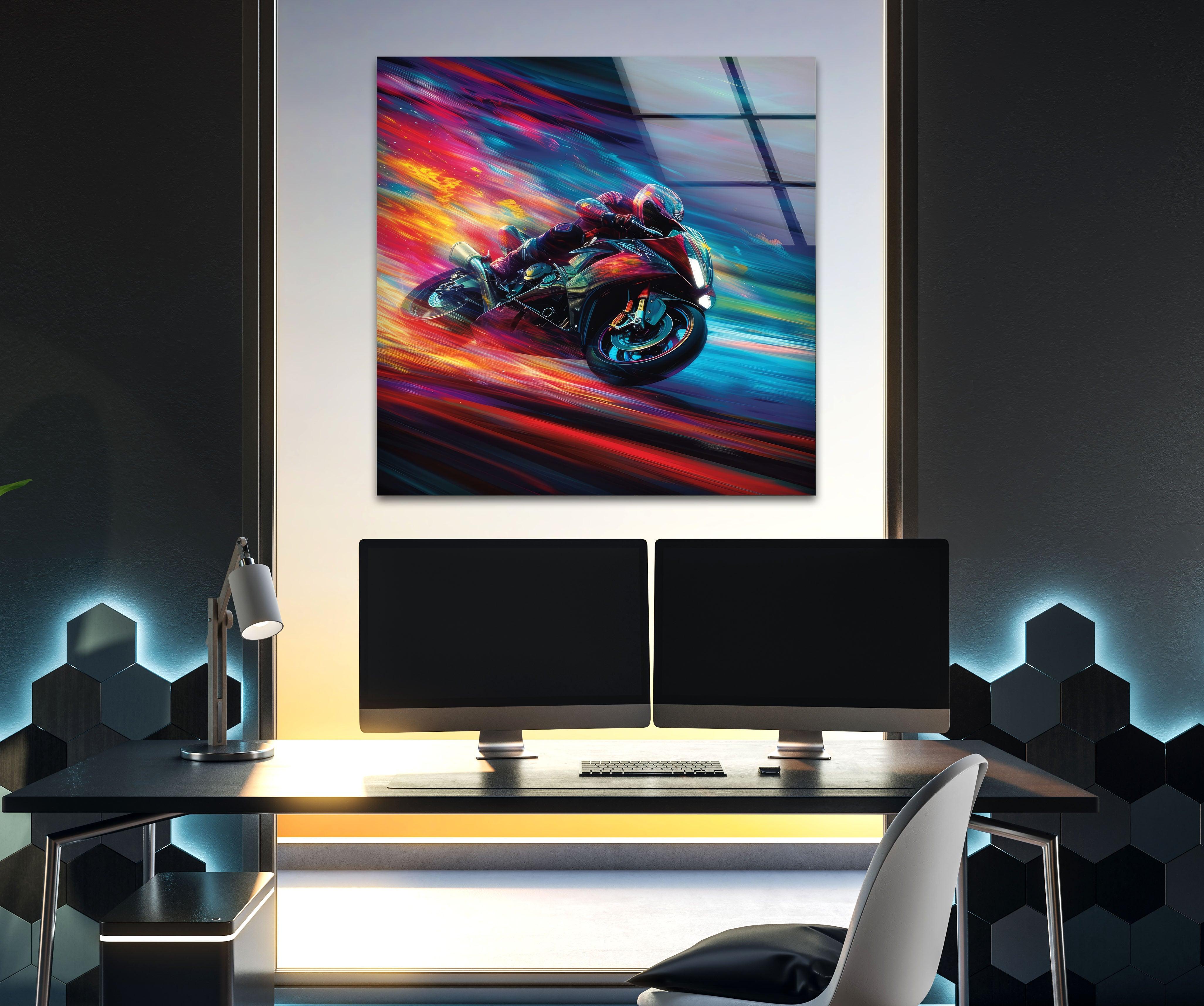 Vibrant Motor Racer Glass Wall Art - Modern Home Decor for Living Room, Bedroom & Office - Unique Automotive Themed Gift for Car Enthusiasts