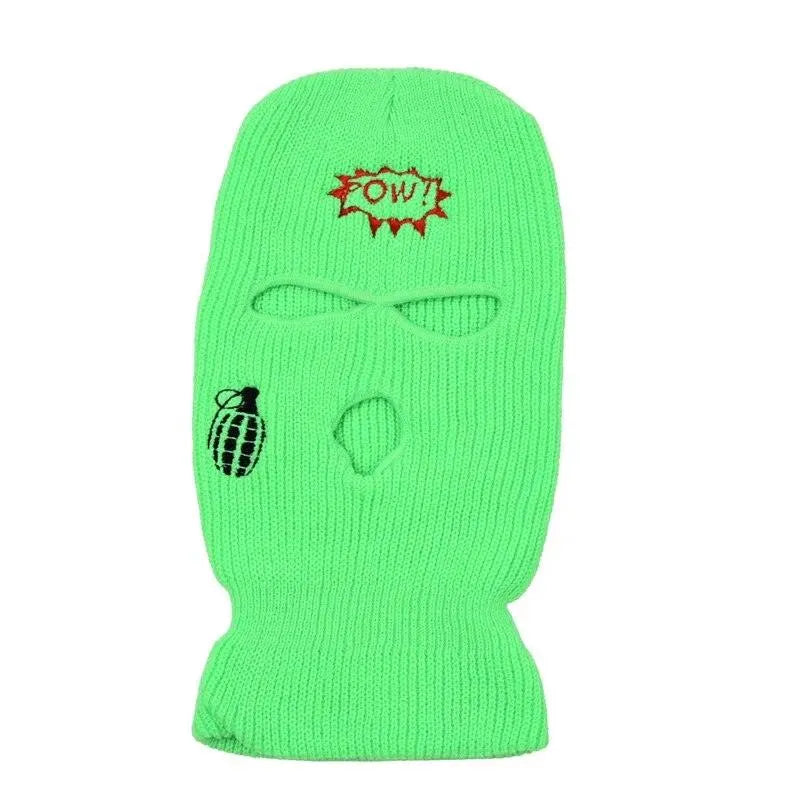 Men's Full Face Cover Ski Mask - Windproof Knit Balaclava with Cool Explode Pow Embroidery | 3 Hole Design for Winter Sports, Motorcycling & Outdoor Activities