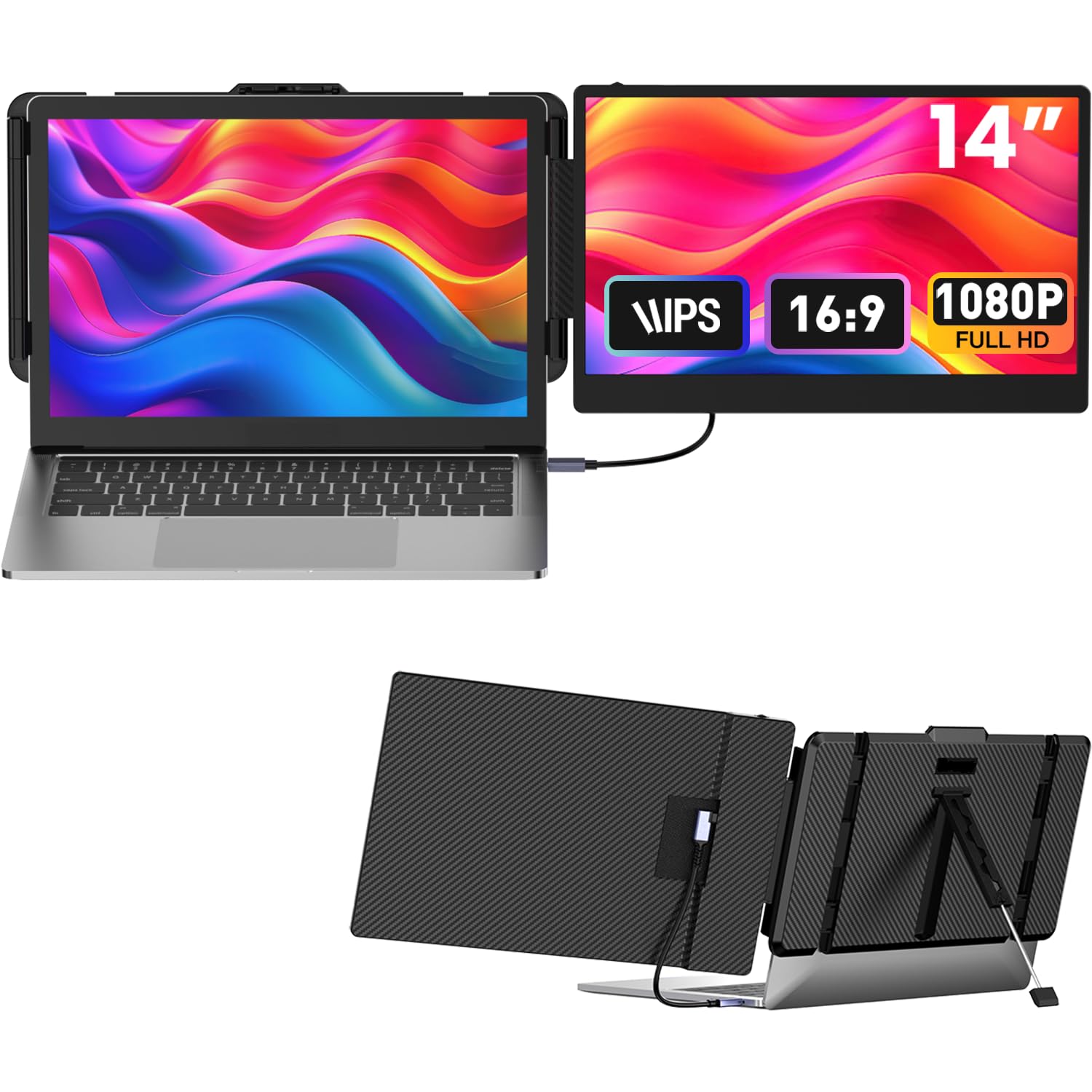 14-inch 1080P FHD Portable Monitor - USB-C/HDMI/USB-A Plug & Play Laptop Screen Extender for Windows, Mac & Chrome - Perfect for Work, Gaming & Travel with 15.35