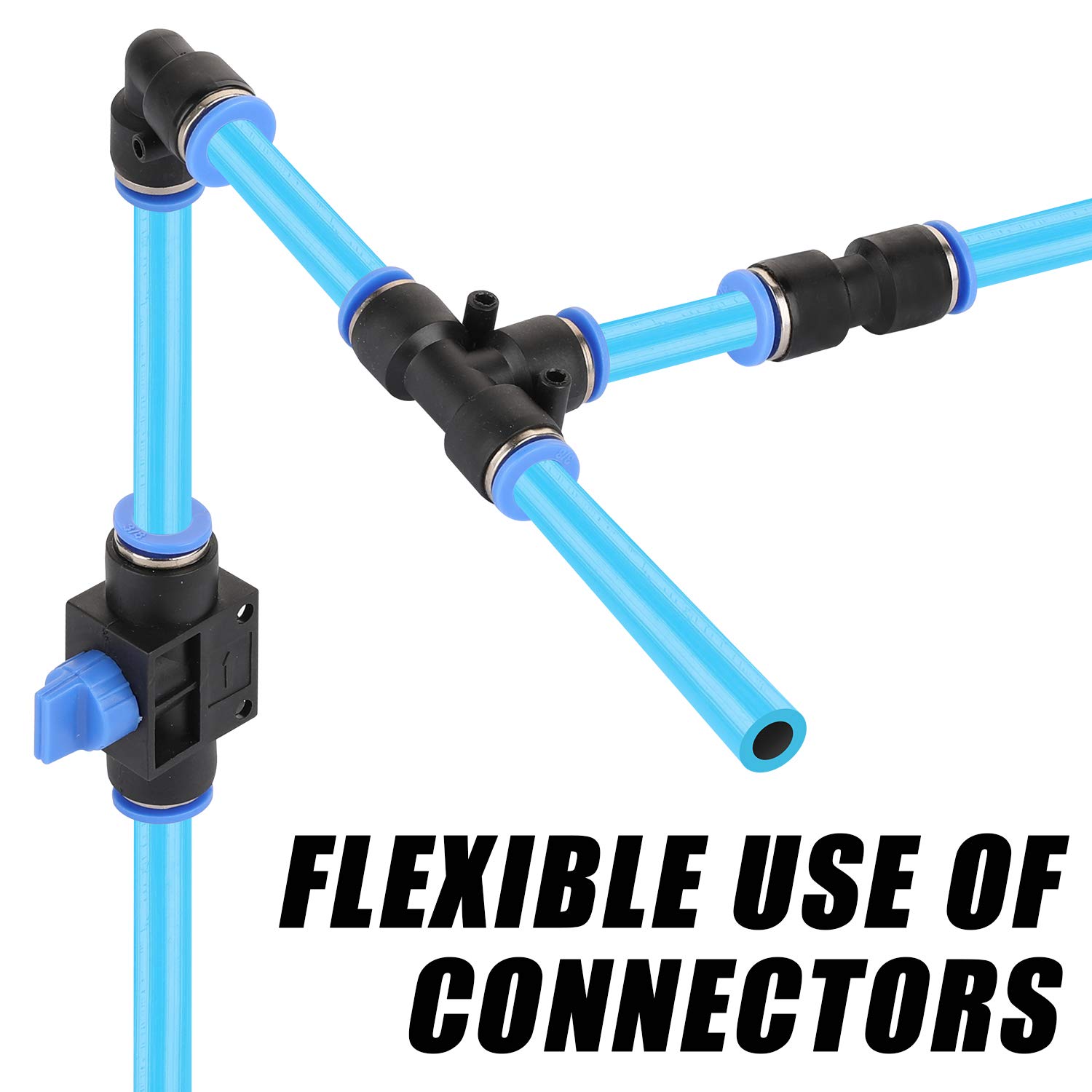 WYNNsky 3/8 Inch (9.5MM) OD × 60 Feet Nylon Air Compressor Hose Kit with 200PSI Rating, Includes Cutter, Tees, Mounting Clips & 49PCS Connectors - Perfect for Garage, Workshop & Industrial Air Compressor Systems