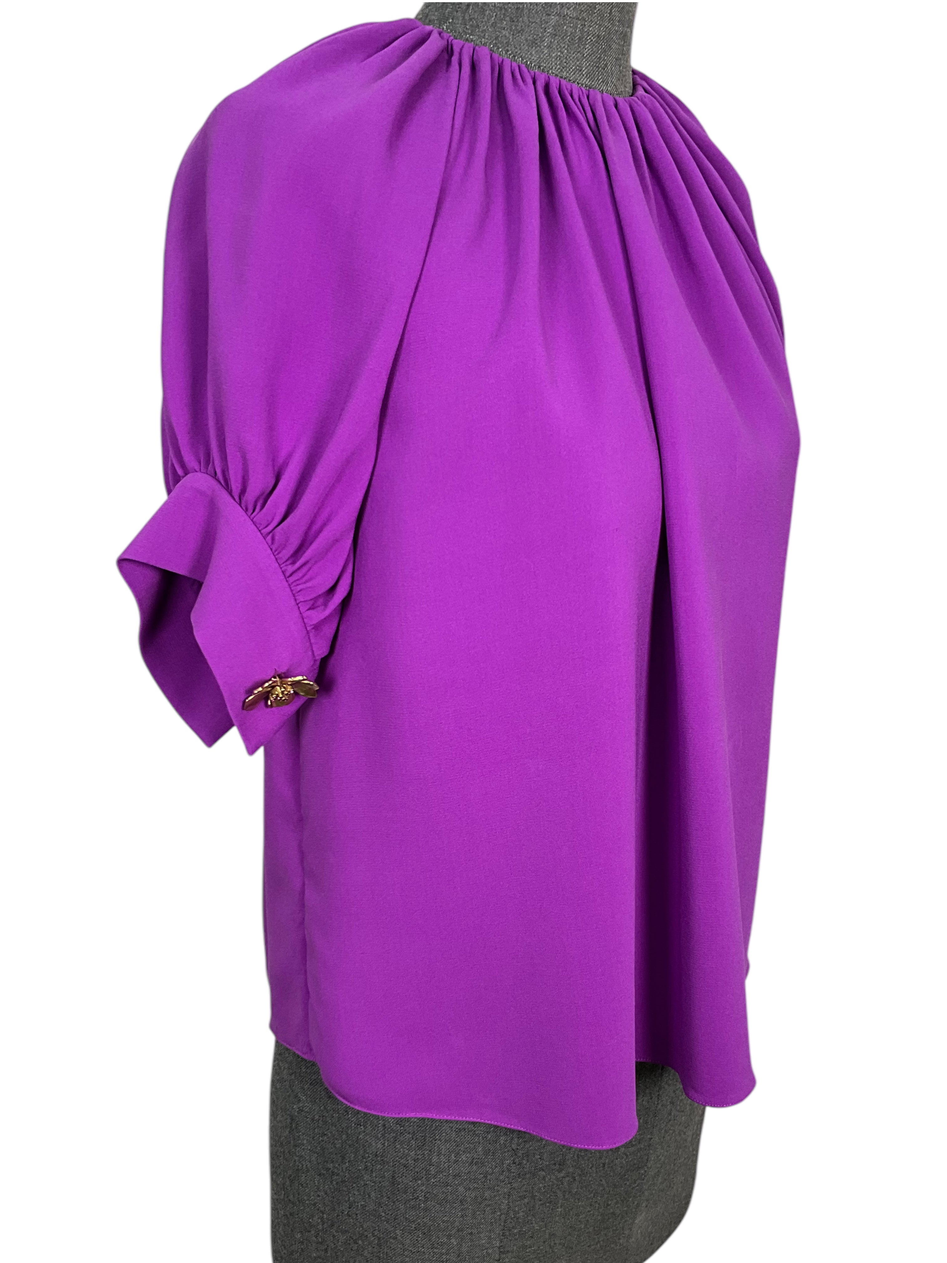 Oscar de la Renta Women's Size 6 Stretch Silk Blouse with Gathered Details - Perfect for Office Wear, Cocktail Parties & Special Occasions