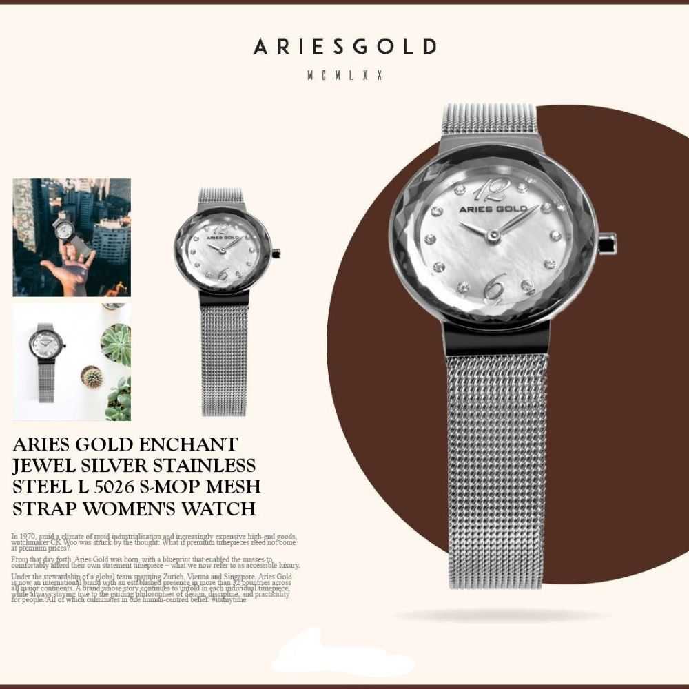 ARIES GOLD ENCHANT JEWEL SILVER STAINLESS STEEL L 5026 S MOP MESH STRAP WOMEN'S WATCH - Elegant Dress Watch for Women, Perfect for Office, Party & Special Occasions
