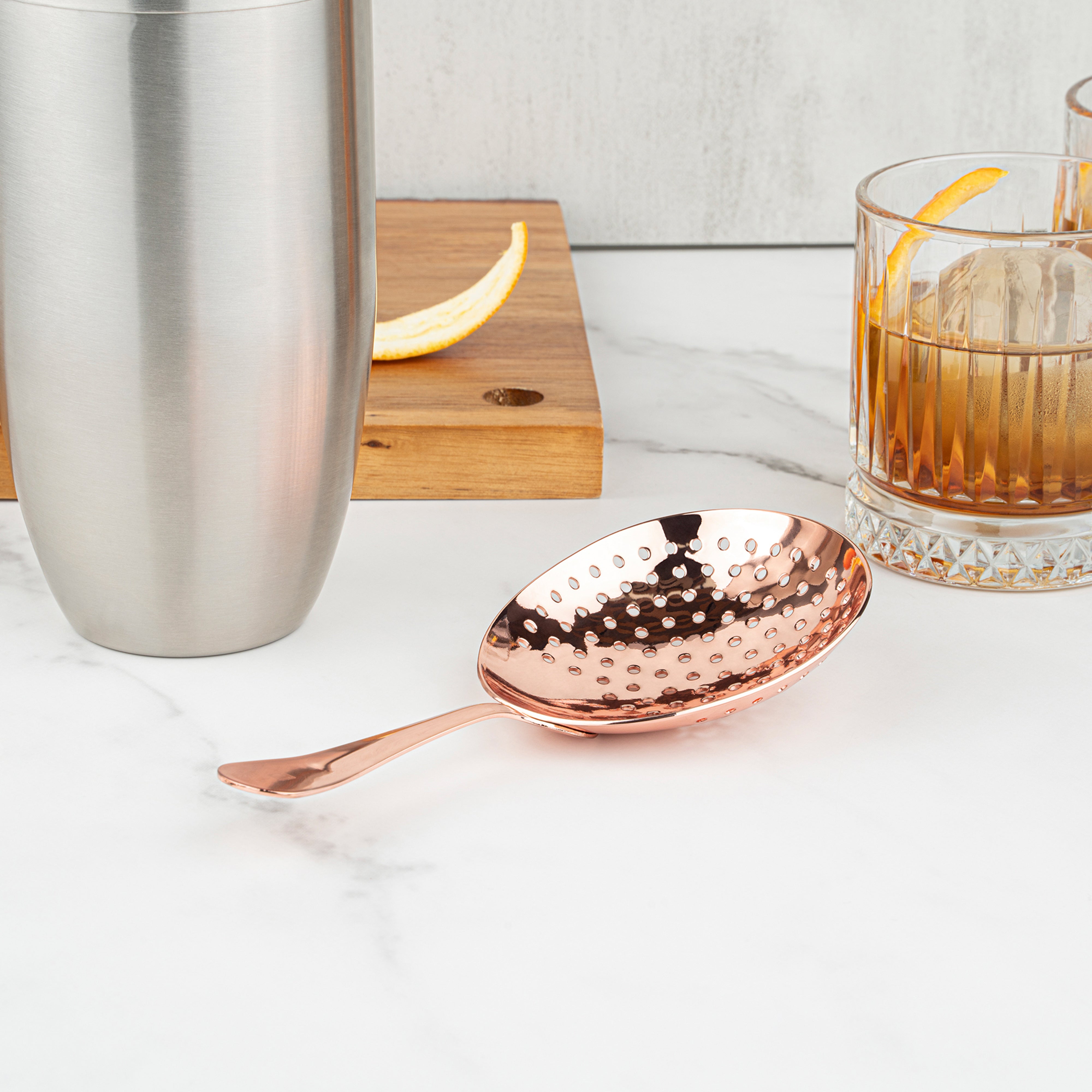Premium Copper Plated Stainless Steel Julep Strainer - 6.5 Inch Cocktail Bar Tool for Mint Juleps & Classic Cocktails - Perfect for Home Bars & Professional Mixology