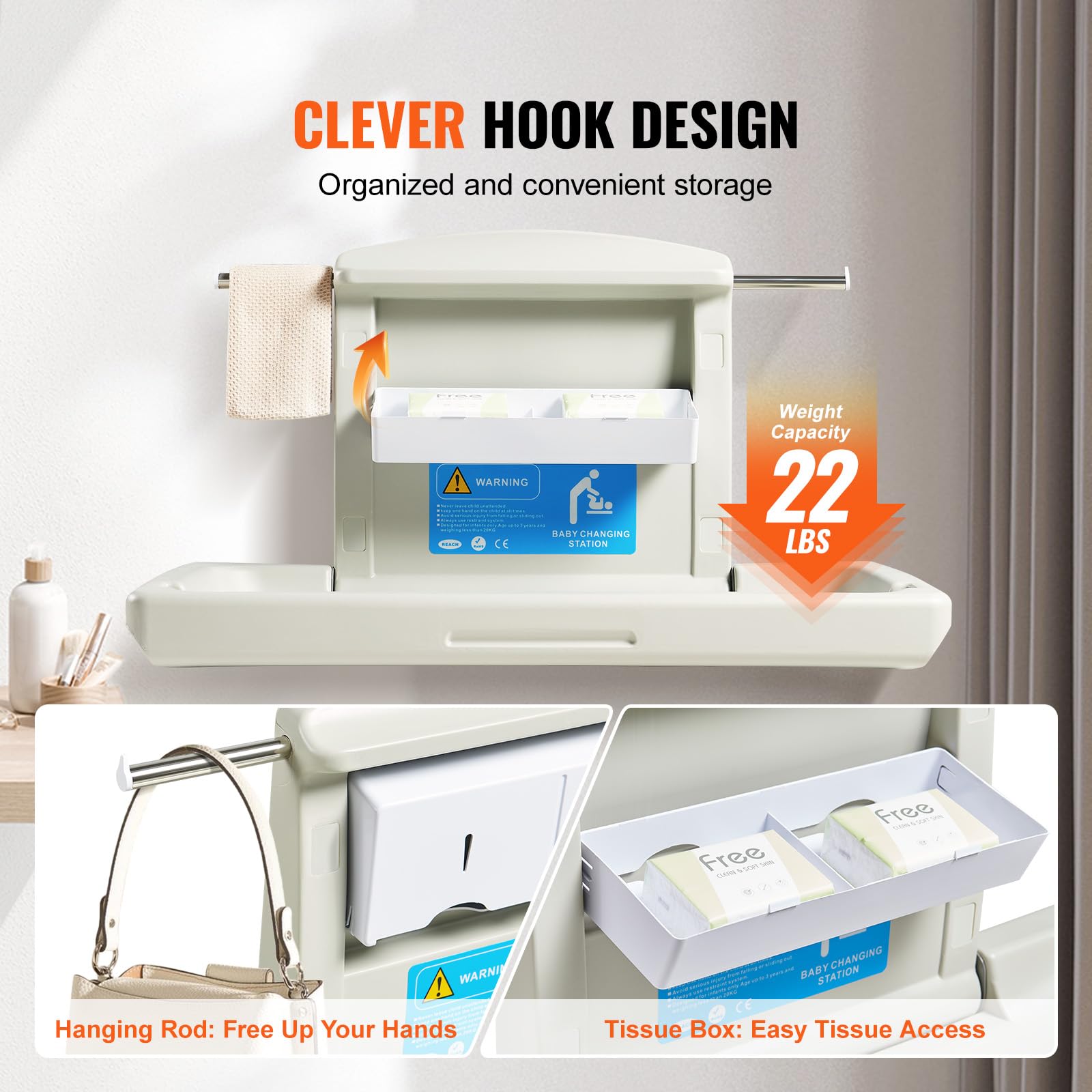VEVOR Wall-Mounted Baby Changing Station - Foldable Diaper Changing Table with Safety Straps & Hanging Rods - Perfect for Commercial Bathrooms, Daycare Centers & Home Nurseries - Safe Infant Changing Solution for Newborns & Toddlers