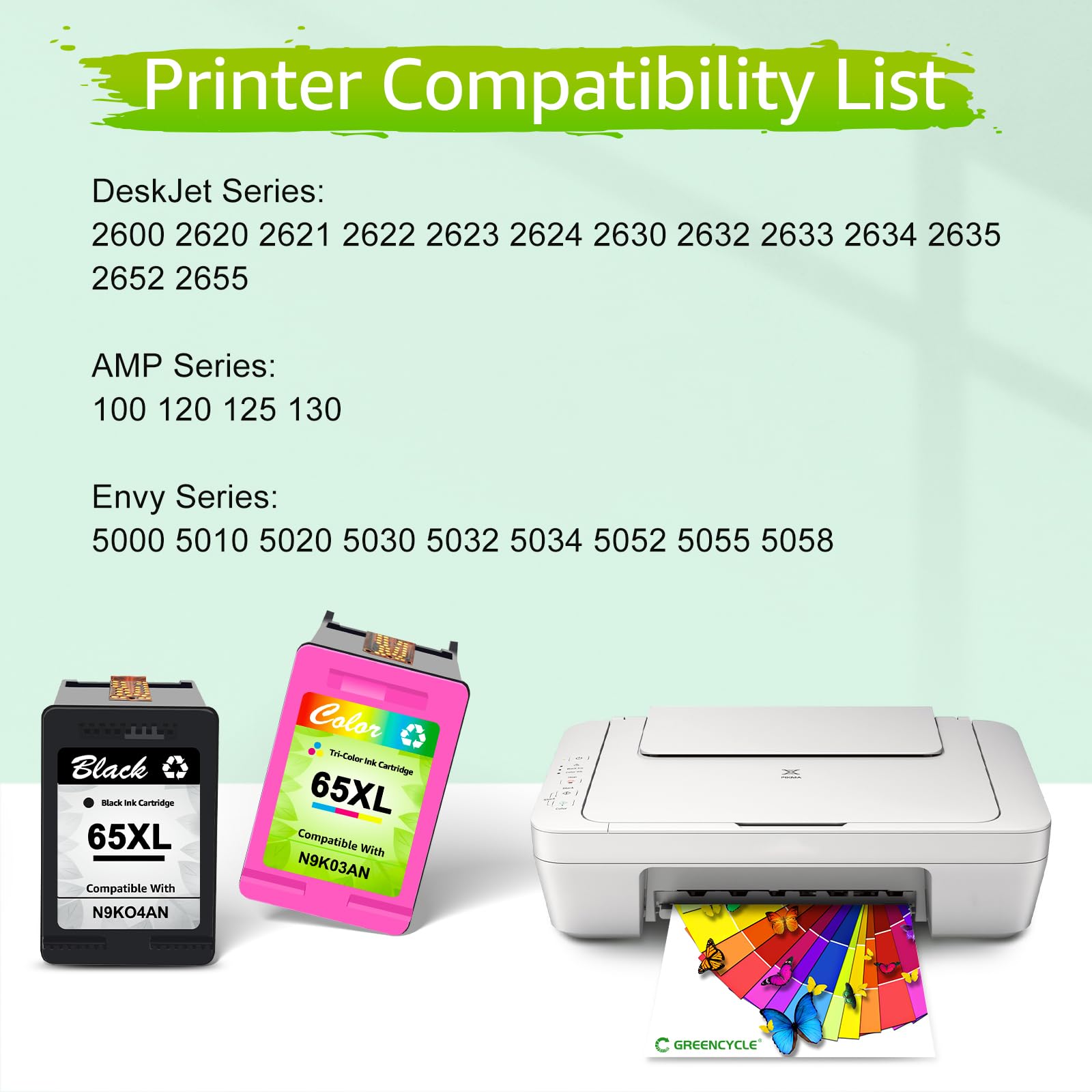 Greencycle Remanufactured HP 65 & 65XL Ink Cartridge (2 Pack, Tri-Color) - Compatible with Envy 5055/5052, Deskjet 2655/3755/2622/2624/3758/3752/3732/3730/3722/3721 Printers - Ideal for Home Office Printing & School Projects