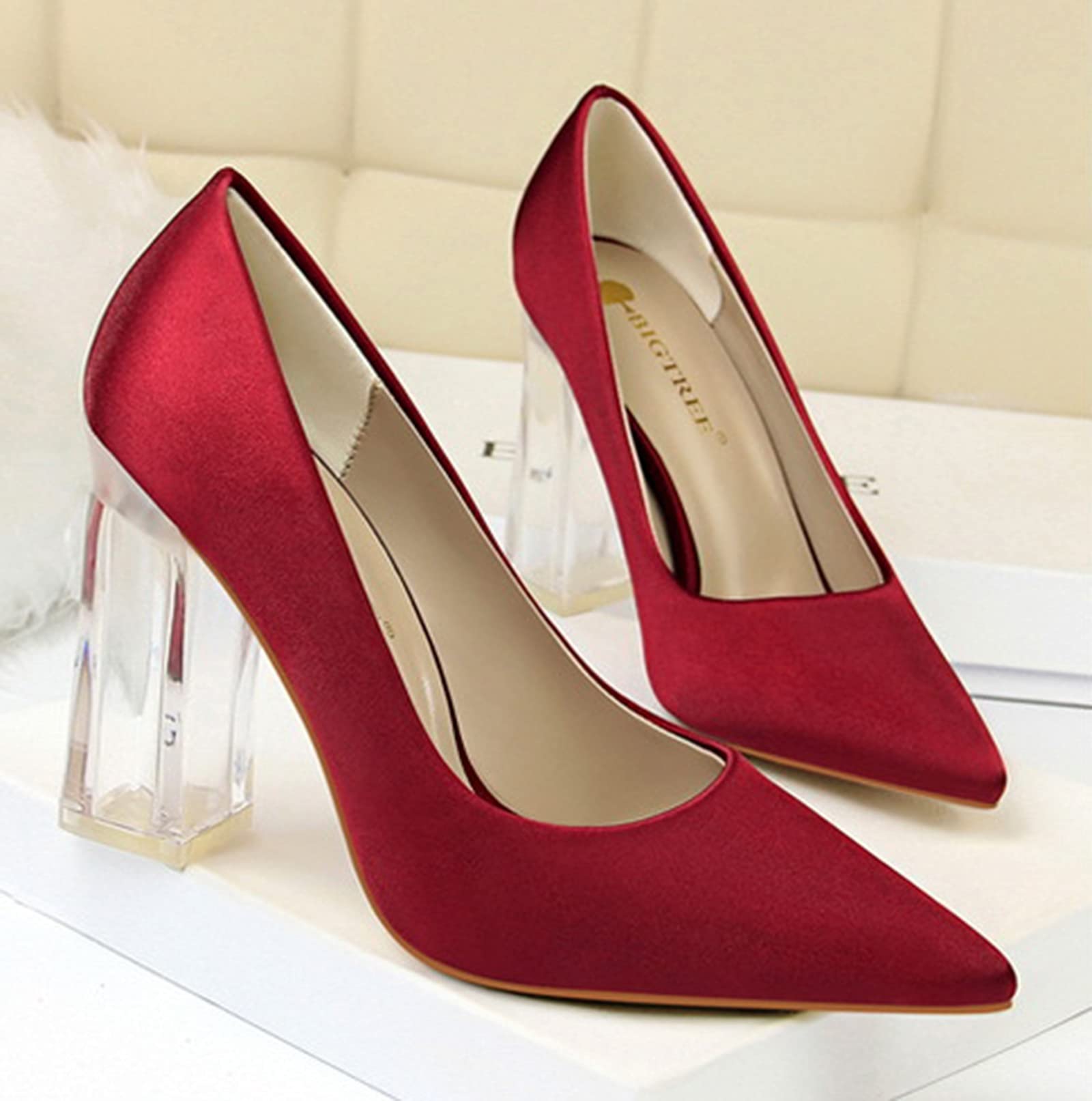 HFF Women's Pointed Toe High Heel Shoes - Transparent Crystal Heel Satin Pumps, Sexy Pointy Stiletto Heels for Women in White/Yellow/Red/Green/Black/Blue/Wine/Orange/Silver/Pink - Size 38 - Perfect for Evening Parties, Weddings, and Special Occasions