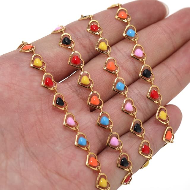 1M Stainless Steel Enamel Heart Chain for DIY Jewelry Making - Necklace, Bracelet & Anklet Findings - Women's Craft Supplies (Gold/Silver) - Perfect for Valentine's Gifts, Friendship Jewelry & Handmade Accessories