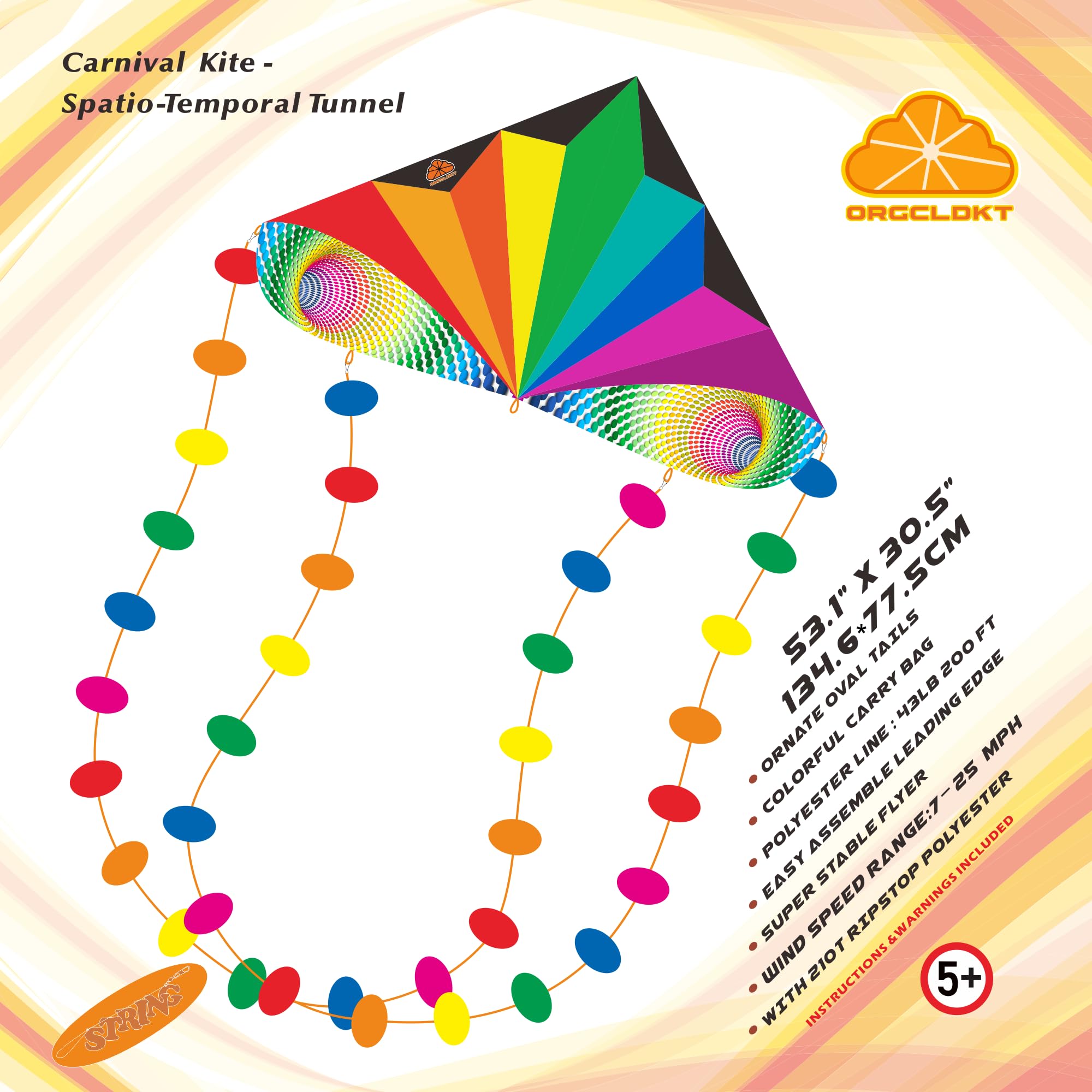 ORGCLDKT Carnival Rainbow Delta Kite with Star & Oval Tails - Easy to Fly Kite for Kids Ages 5-12, Teens & Adults - Perfect for Beach, Park & Outdoor Family Fun - Includes Colorful Carry Bag & Simple Assembly