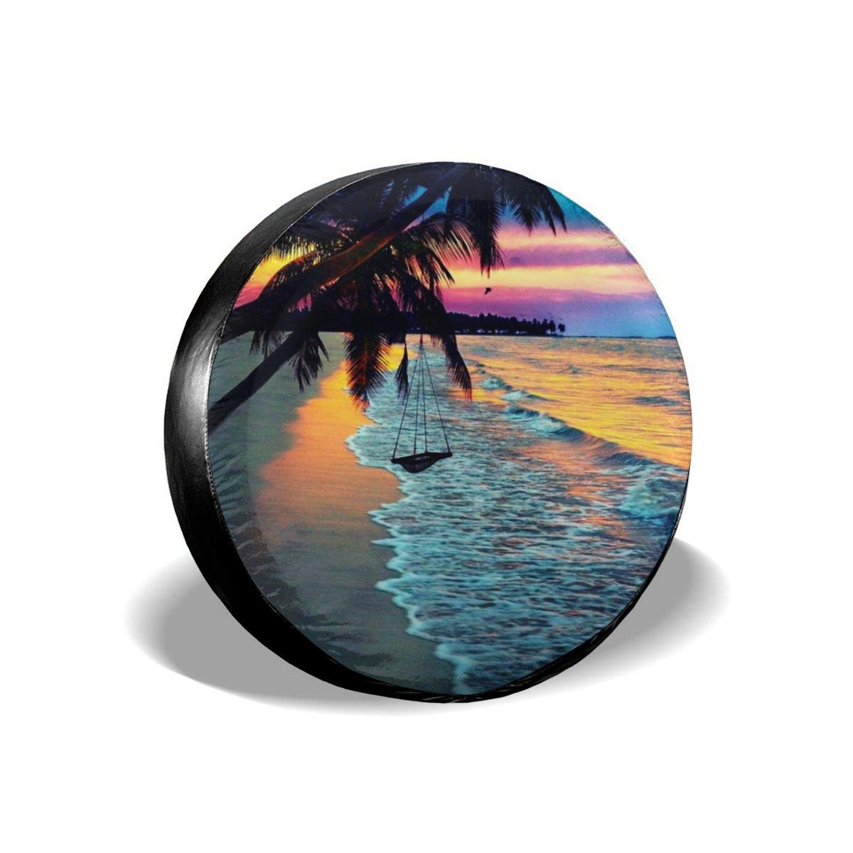 Waterproof UV-Resistant 16 Inch Spare Tire Cover - Coconut Beach Sunset Hammock Design for Trailers, RVs & SUVs | Perfect for Road Trips & Outdoor Adventures