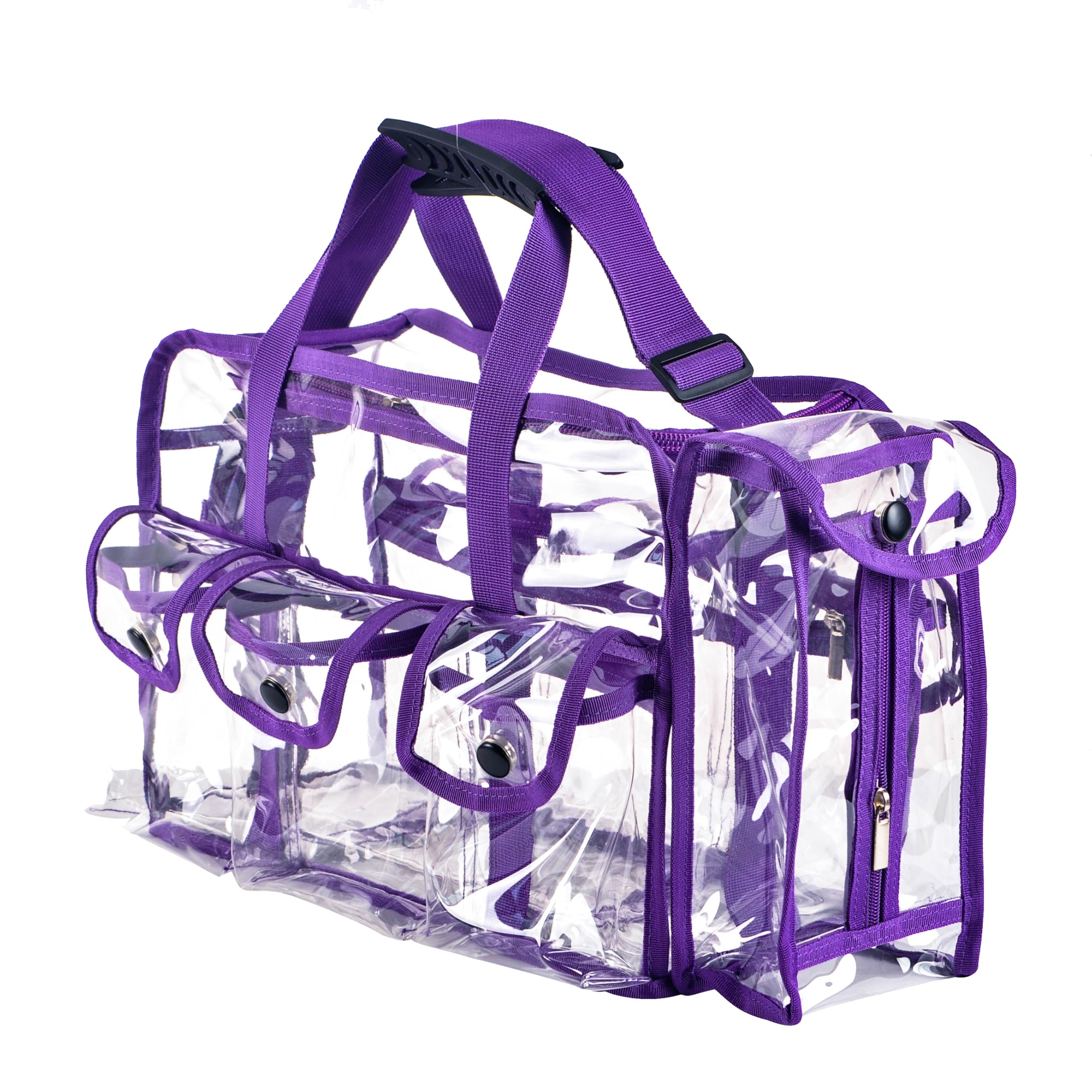 Professional Clear PVC Travel Makeup Organizer Bag - Large Wide Mouth Cosmetic & Nail Artist Case with 6 External Pockets, Adjustable Strap - Perfect for Travel, Salon, Beach & Diaper Storage (Purple)