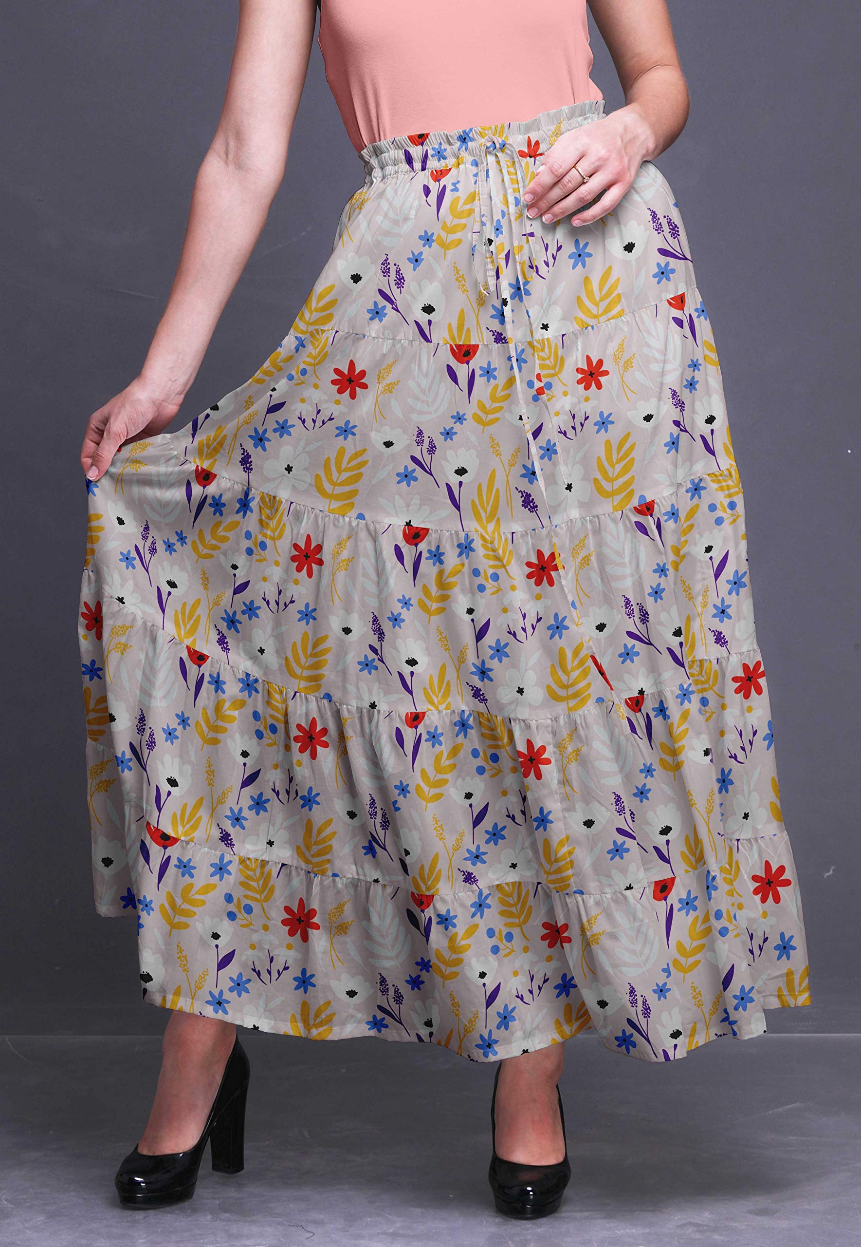 Bimba Printed Long 5-Tier Cotton Skirt for Women | Boho Maxi Skirt | Perfect for Beach Vacations, Music Festivals & Summer Outfits