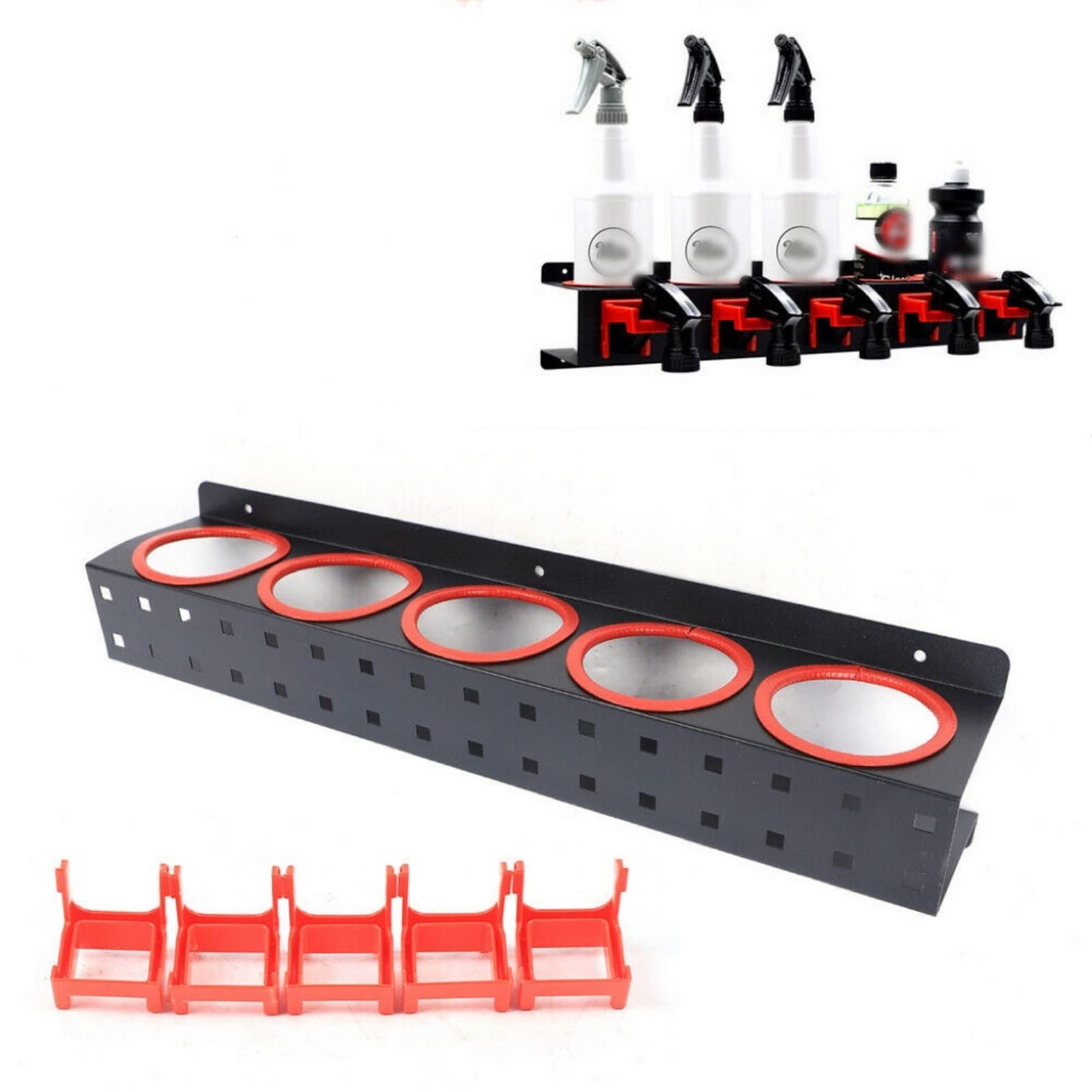 Frederimo Wall Mount Spray Bottle Rack Organizer - 5 Hole Storage Holder with Plastic Hooks for Car Detailing, Beauty Salon & Home Cleaning Supplies | Space-Saving Bathroom & Garage Organization Solution