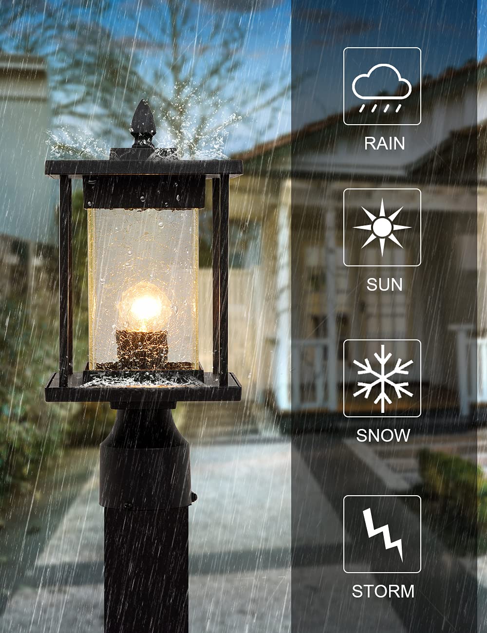 Outdoor Post Lights - Waterproof Hardwired Pier Lantern with Crackle Glass & Aluminum Exterior, 3-Inch Pole Mount Adapter - Perfect for Driveway, Garden, Patio, and Walkway Lighting