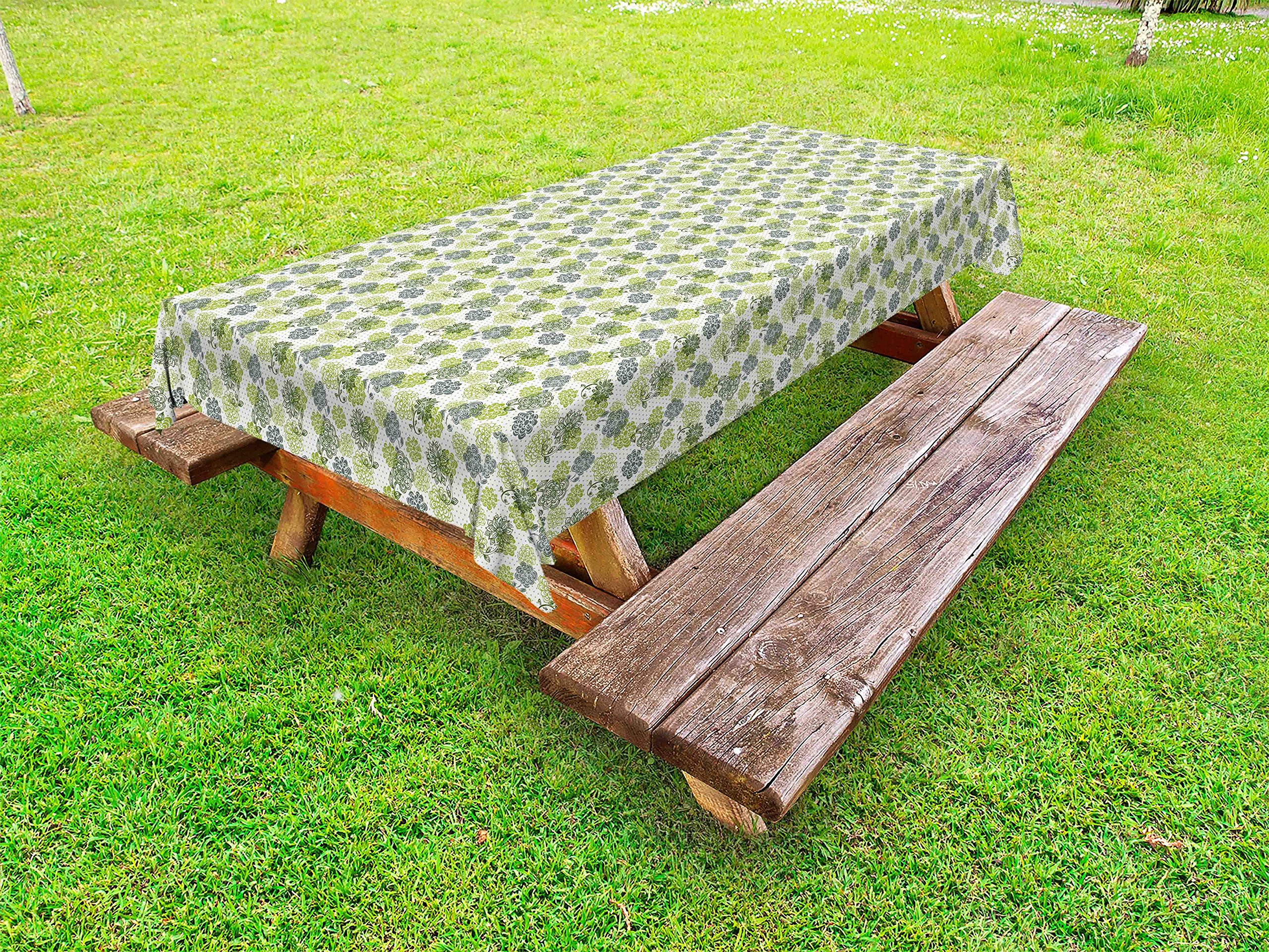 Ambesonne Floral Outdoor Tablecloth - Abstract Blossoms in Green Shades on Polka Dot Retro Background, Washable Picnic Table Cover 58