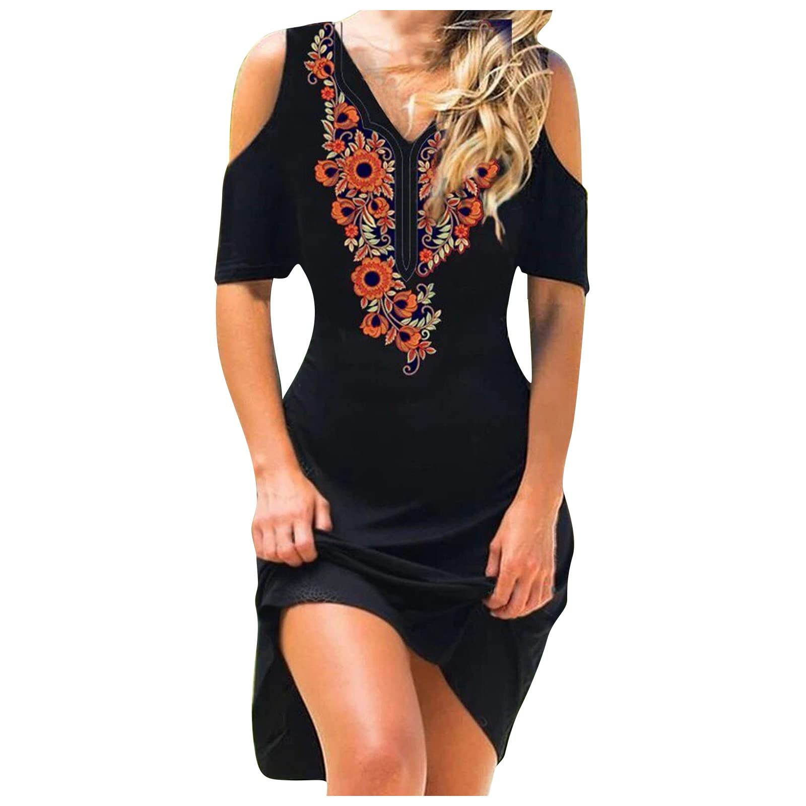 EOPUING Women's Summer Cold Shoulder Bodycon Midi Dress - Floral Print Wrap Dress with Empire Waist for Casual Outings, Beach Vacations & Date Nights