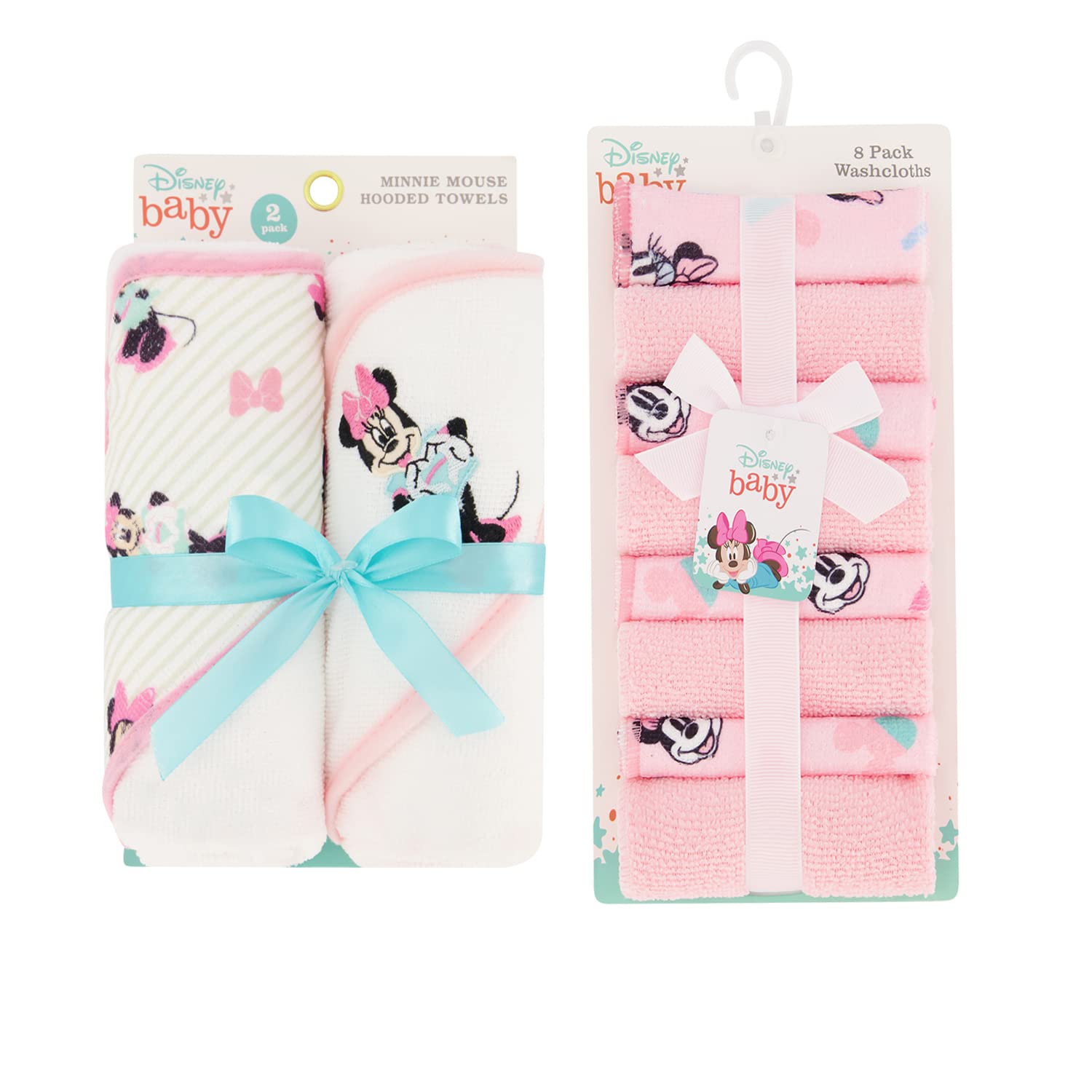 Disney Hooded Baby Towel Set - 2 Soft Bath Towels & 8 Washcloths for Newborns & Toddlers | Cute Character Design for Baby Girls & Boys | Perfect for Bath Time, Swimming & Nursery Care
