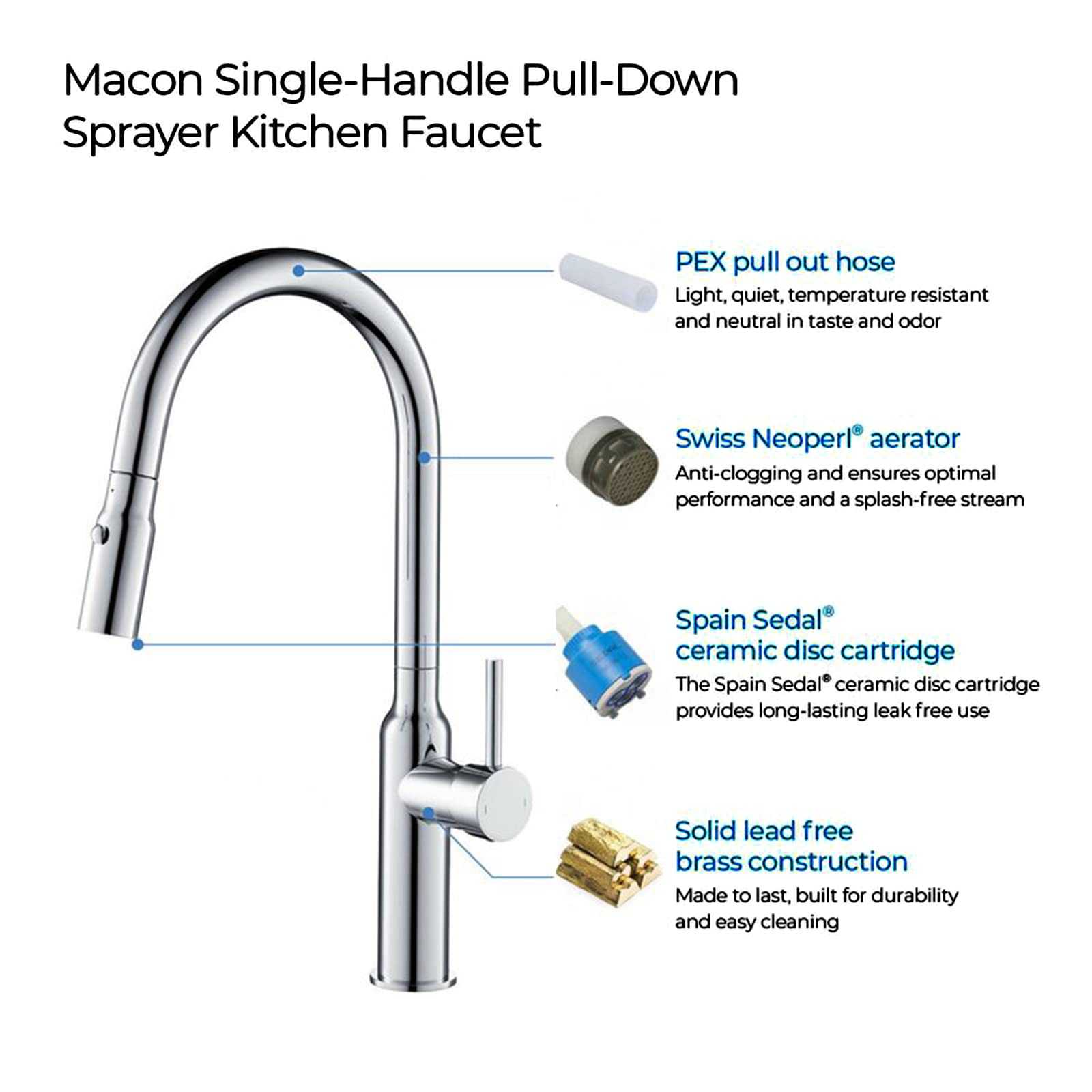 High Arc Single-Hole Kitchen Faucet with Pull Down Sprayer - Single Handle Hot & Cold Water Mixer Tap for Sink - Perfect for Modern Kitchens, Outdoor Bars & RV Use