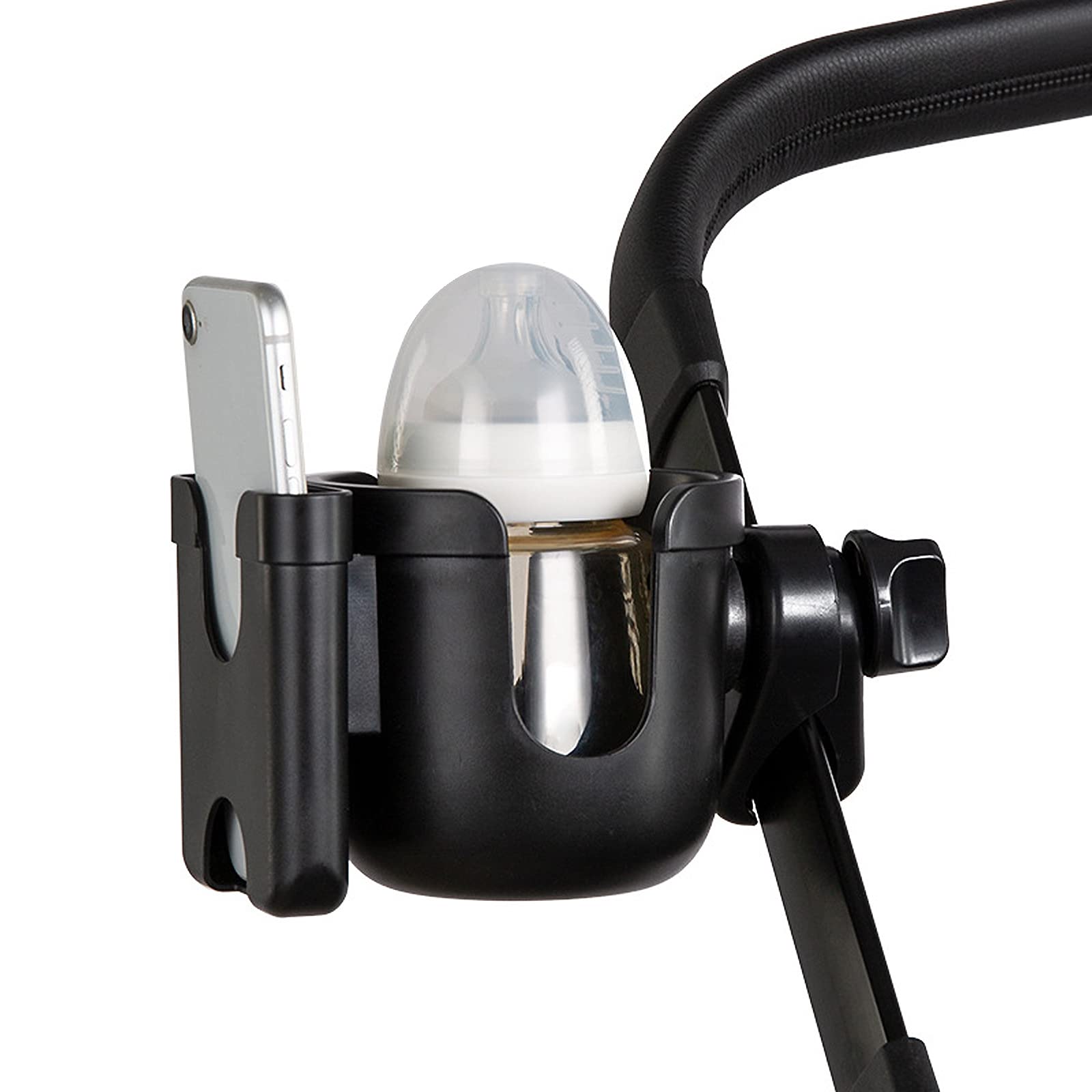 SONARIN Universal 2-in-1 Stroller Cup Holder & Phone Holder - Adjustable Baby Bottle Organizer with Drink & Coffee Cup Holder - Fits Most Pushchairs, Prams, Buggies & Bikes (Black) - Perfect for Parents on the Go, Park Walks & Outdoor Adventures