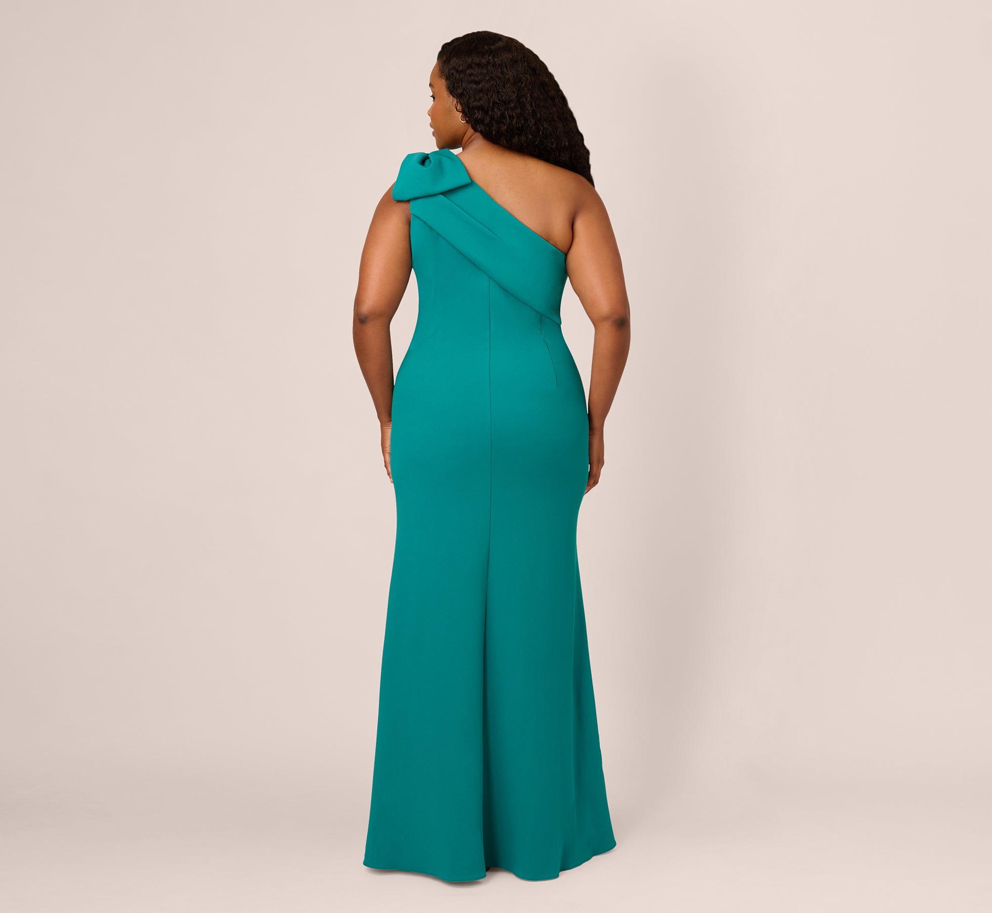 Elegant Plus Size Stretch Crepe One Shoulder Mermaid Gown with Bow Accent - Tempo Teal | Formal Evening Dress for Weddings, Prom & Special Occasions