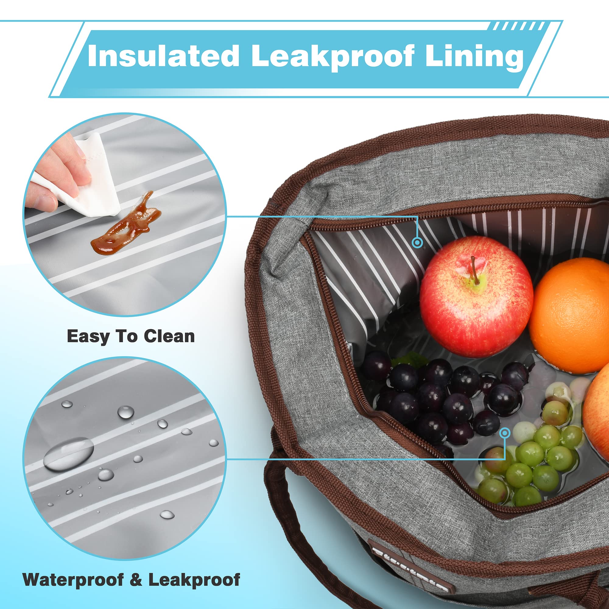Tirrinia Large Insulated Lunch Tote Bag for Women - Waterproof Leakproof Cooler Bag with Zipper | Perfect for Work, Beach, Grocery Shopping & Keeping Frozen Food Fresh | Stylish Grey Lunch Bag for Adults