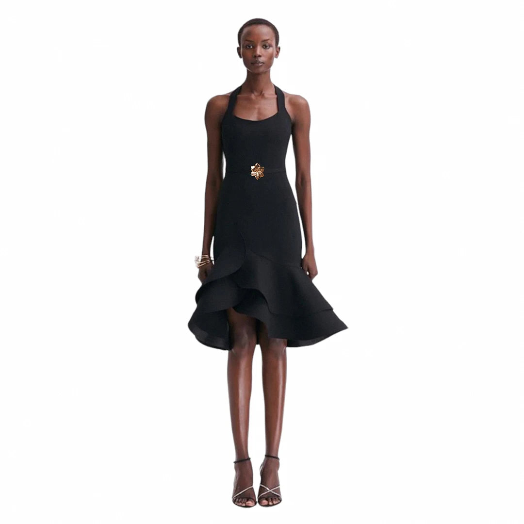 Elegant Black Halter Neck Midi Dress with Ruffle Asymmetric Hem - Women's Sexy Evening Party Birthday Cocktail Dress - Perfect for Date Night, Wedding Guest & Special Occasions