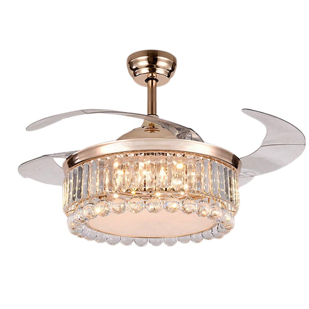 OUKANING 42 Inch Gold Crystal Ceiling Fan with LED Lights - Dimmable Retractable Chandelier Fan with Remote Control, Ultra Quiet for Bedroom, Dining Room & Living Room | Modern Home Decor & Cooling Solution