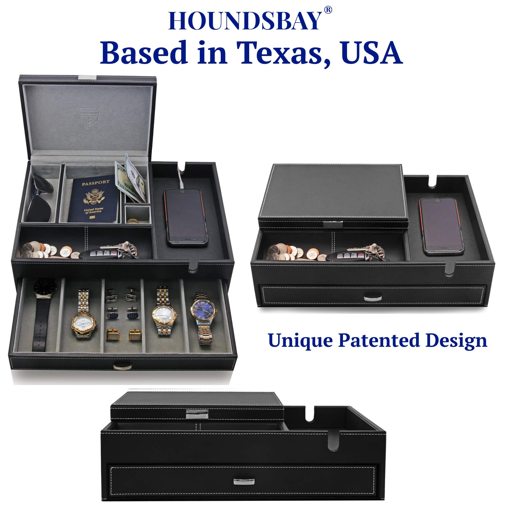 Men's Jewelry Box Organizer & Valet Tray - Wooden Watch Case Holder with Key Tray - Nightstand Organizer for Rings, Watches & Accessories - Perfect for Bedroom, Dresser & Travel Storage