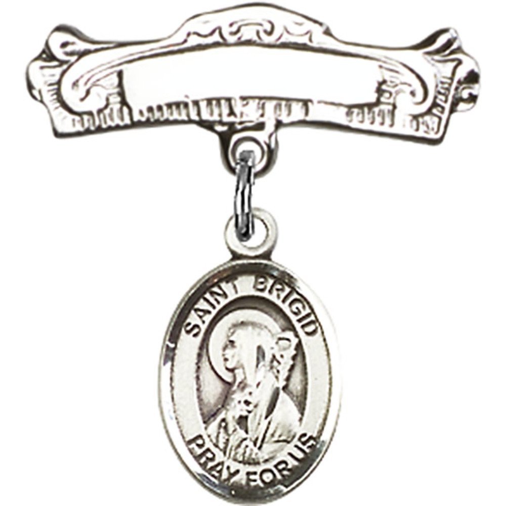 St. Brigid of Ireland Sterling Silver Baby Badge Charm - 7/8 X 7/8 Inch Arched Polished Pin for Christening, Baptism & First Communion Gifts