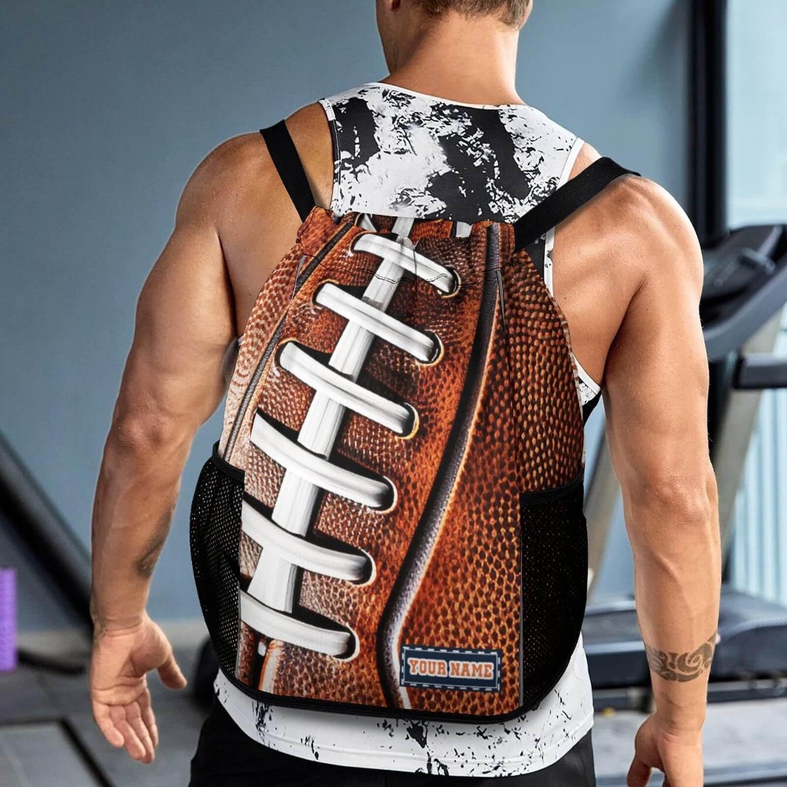 Custom Football Drawstring Backpack - Lightweight Foldable Cinch Sack with Pocket for Kids, Women & Men - Perfect for Gym, Sports, Travel & Outdoor Activities - Durable String Backpack for School, Hiking & Daily Use