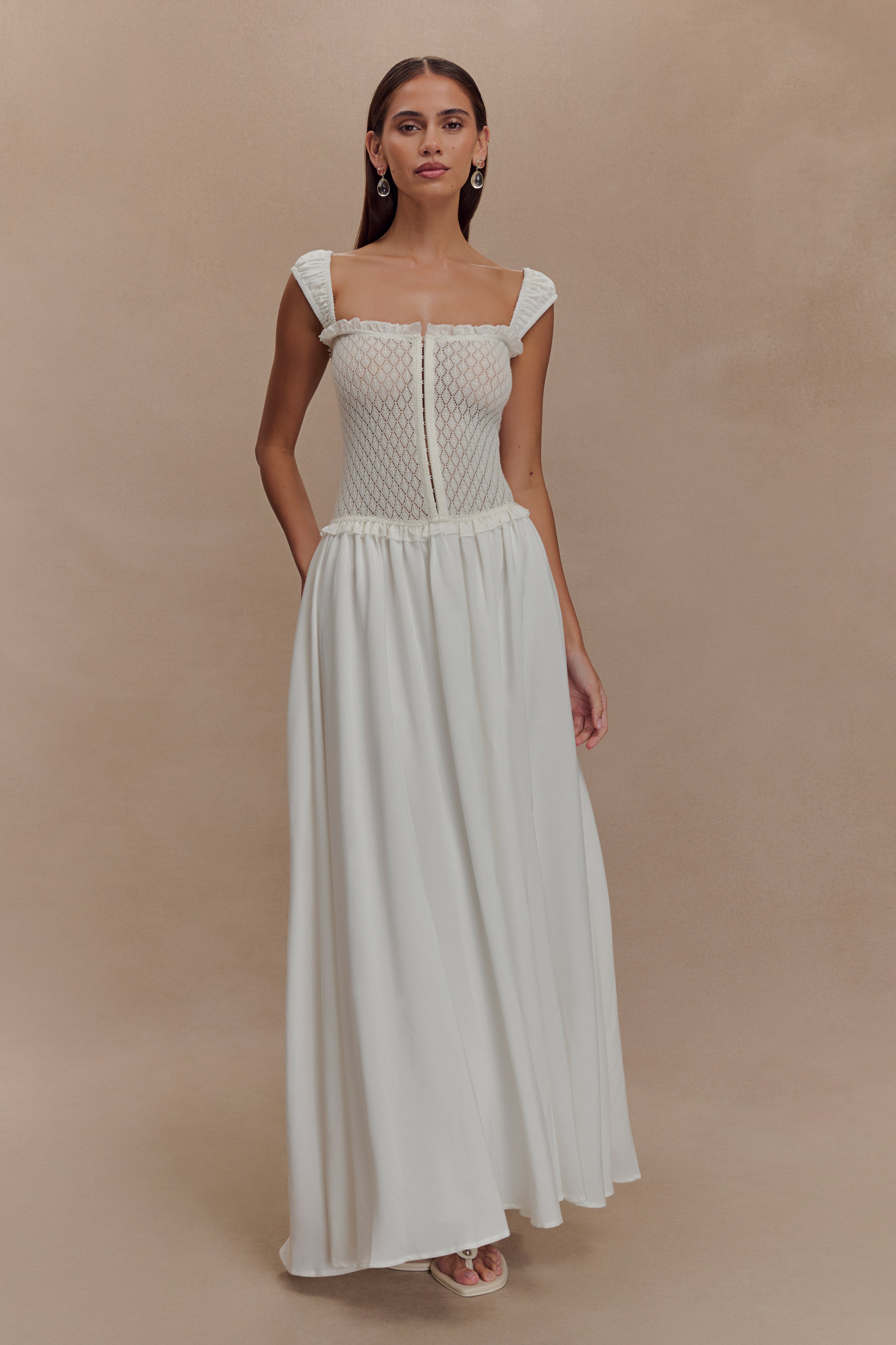 Tahlia Pointelle Knit Midi Dress for Women - Elegant White Lace Knit Summer Dress for Casual Wear, Date Night & Beach Vacation