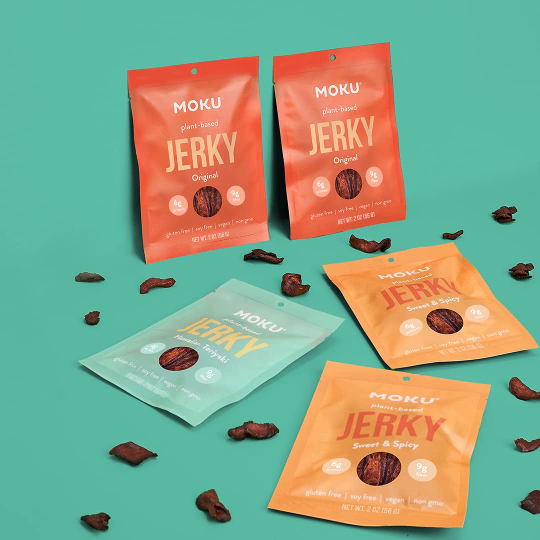 Moku Plant-Based Mushroom Jerky - Sweet & Spicy Vegan Beef Jerky (3 Pack) | Gluten Free, Soy-Free, Non-GMO Healthy Snacks | No Artificial Sweeteners | 2.0 Oz Each | Perfect for Hiking, Road Trips & Keto Diet