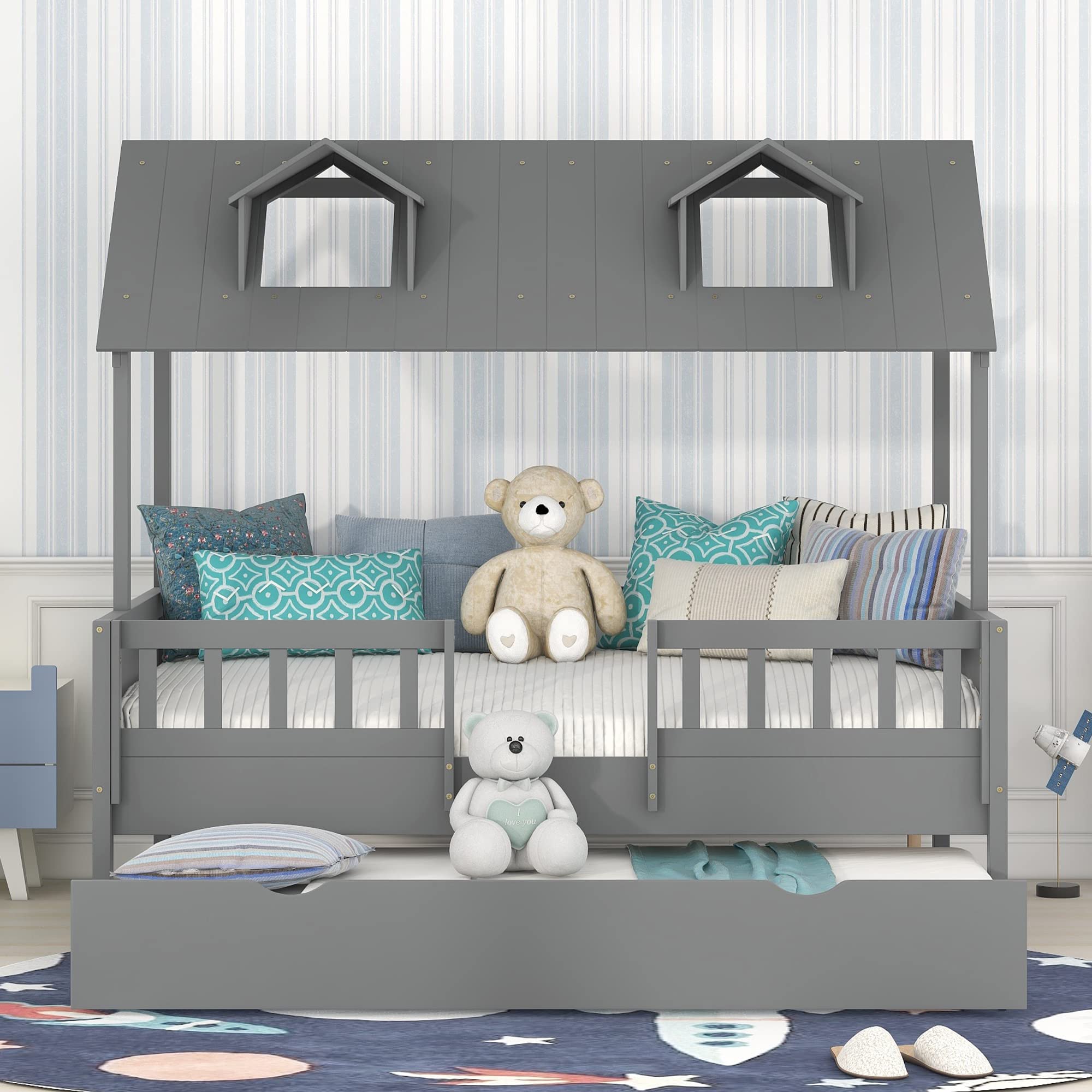 MERITLINE Full House Wooden Platform Bed Frame with Trundle and Roof - Gray Twin/Full Size Kids Bed for Boys & Girls | Perfect for Small Bedrooms, Playrooms and Sleepovers