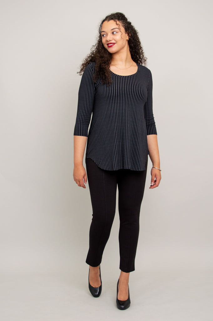 Jazz 3/4 Sleeve Top - Black & Grey Striped Bamboo Fabric - Women's Casual Shirt for Summer & Fall - Perfect for Concerts, Office & Everyday Wear