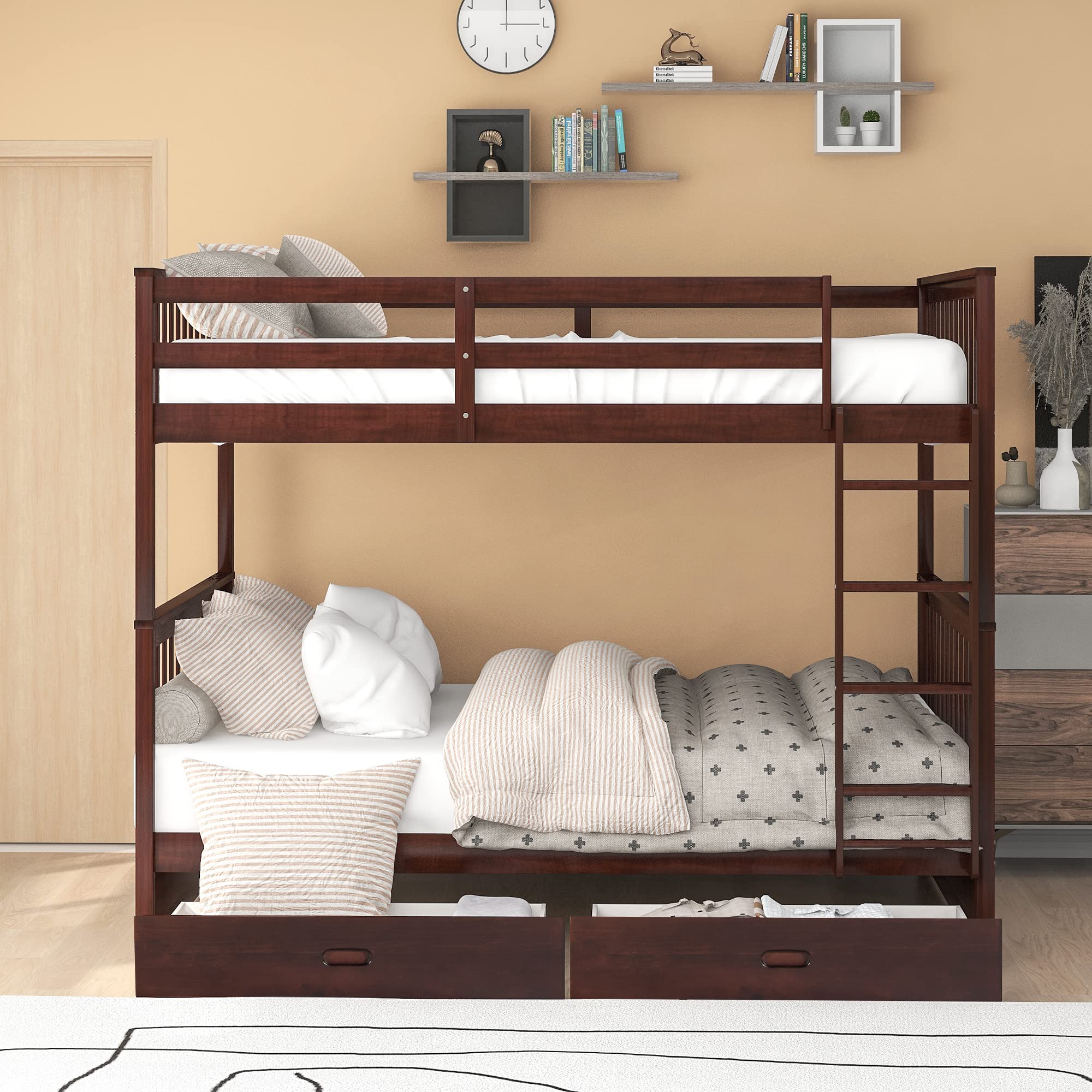 Harper & Bright Designs Full Bunk Beds with Storage Drawers - Solid Wood Detachable Full Over Full Bunk Bed Frame with Ladders & Safety Rail for Kids, Teens, Adults (Espresso) - Perfect for Small Bedrooms, Guest Rooms & Vacation Homes