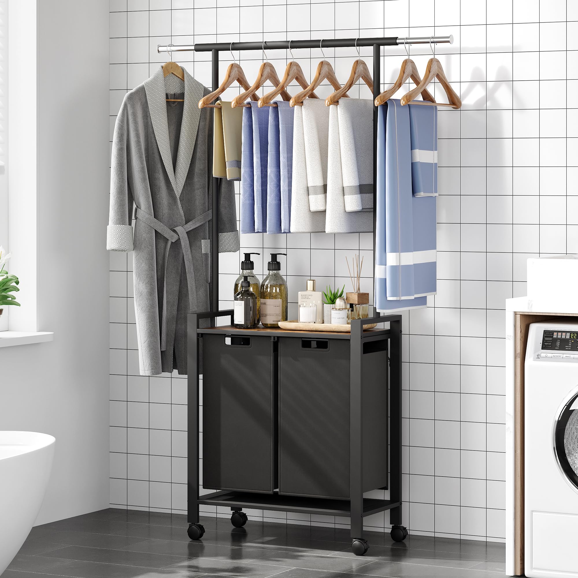 2-Section Rolling Laundry Hamper with Hanging Bar & Wheels - Heavy Duty Clothes Organizer for Bedroom, Bathroom, Dorm - Perfect for Sorting Dirty Clothes & Hanging Garments