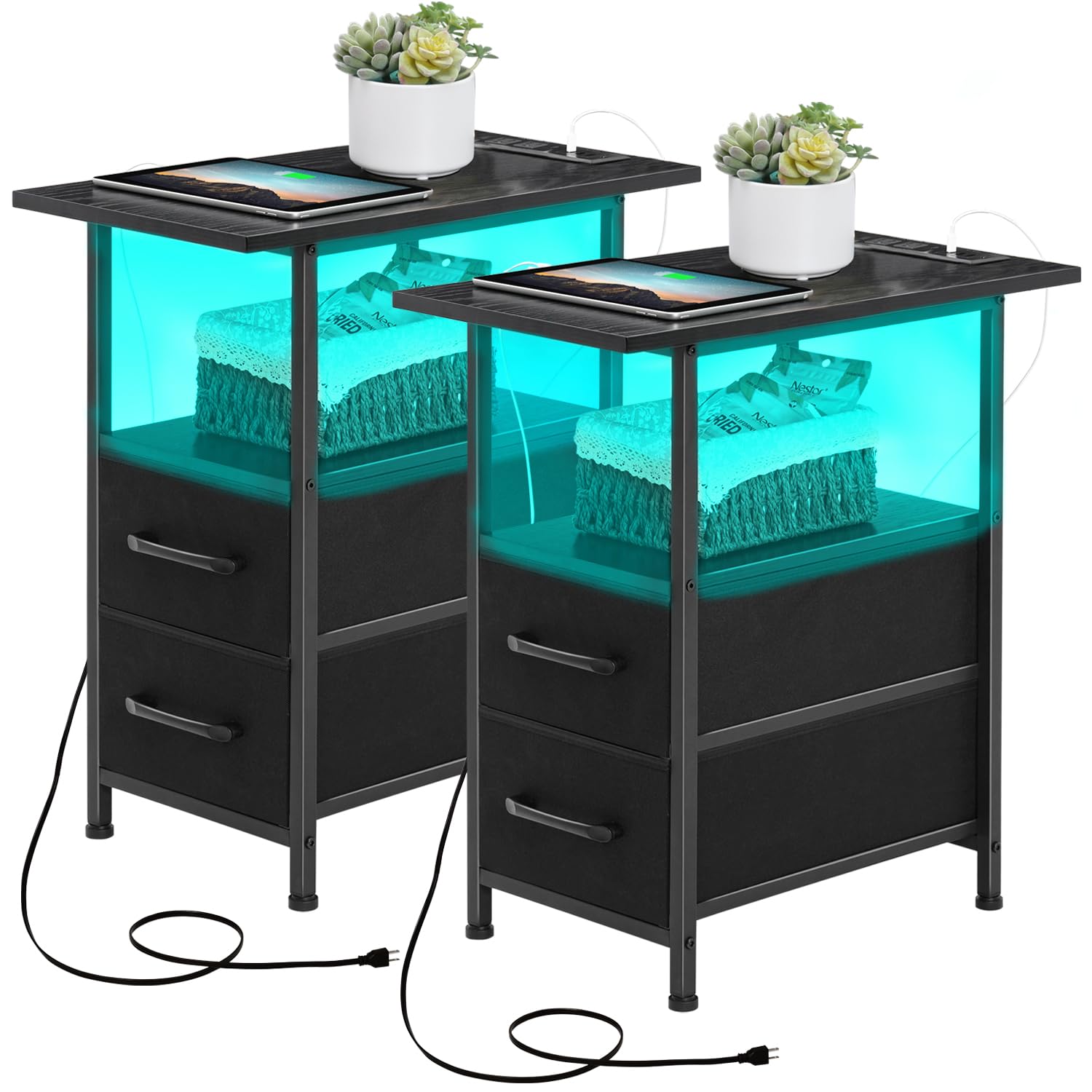 LAKEMID Modern End Table Set of 2 with USB Charging Station & LED Lights - Narrow Nightstand with Storage for Small Spaces - Perfect for Bedroom, Living Room, Apartment - Black Contemporary Side Tables