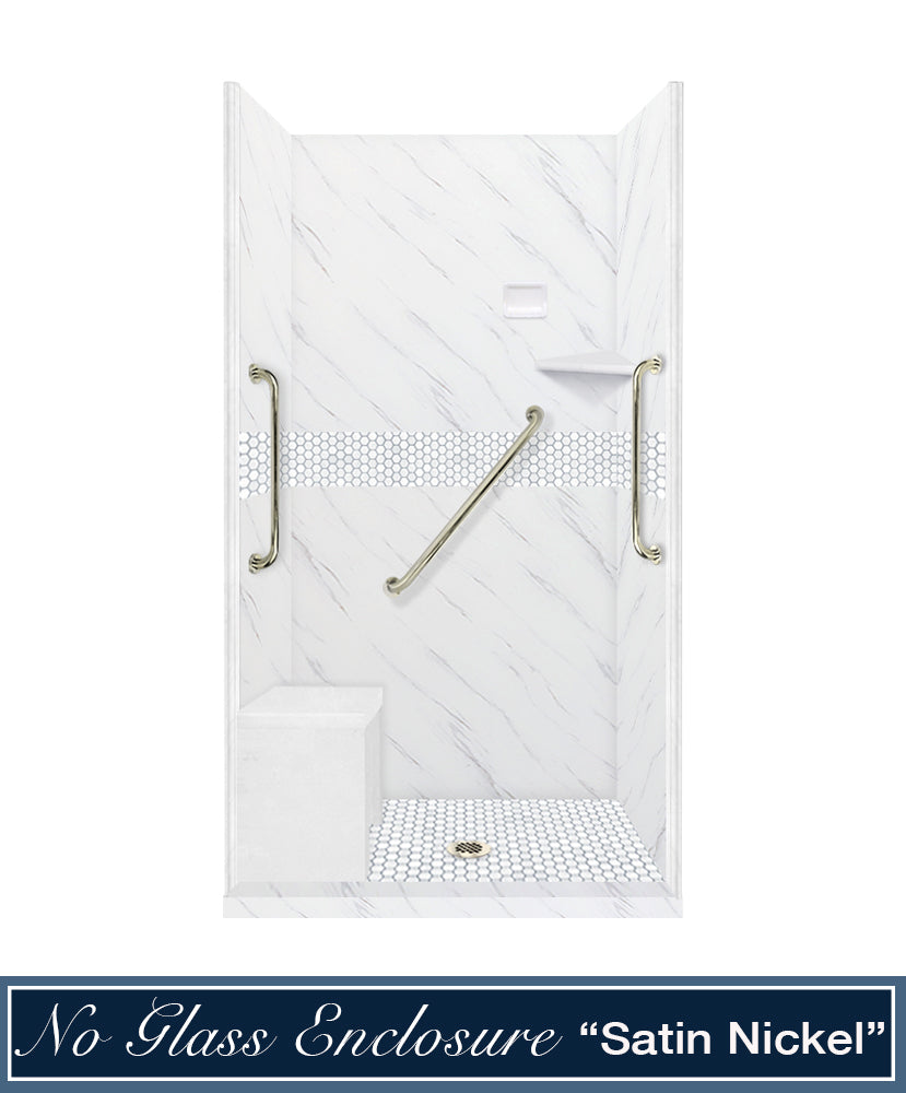 Freedom 60 Alcove Carrara Medici Marble & Pearl Hex Mosaic Tile - DIY Shower Remodel Kit for Bathroom & Backsplash Upgrade | Waterproof & Easy Installation