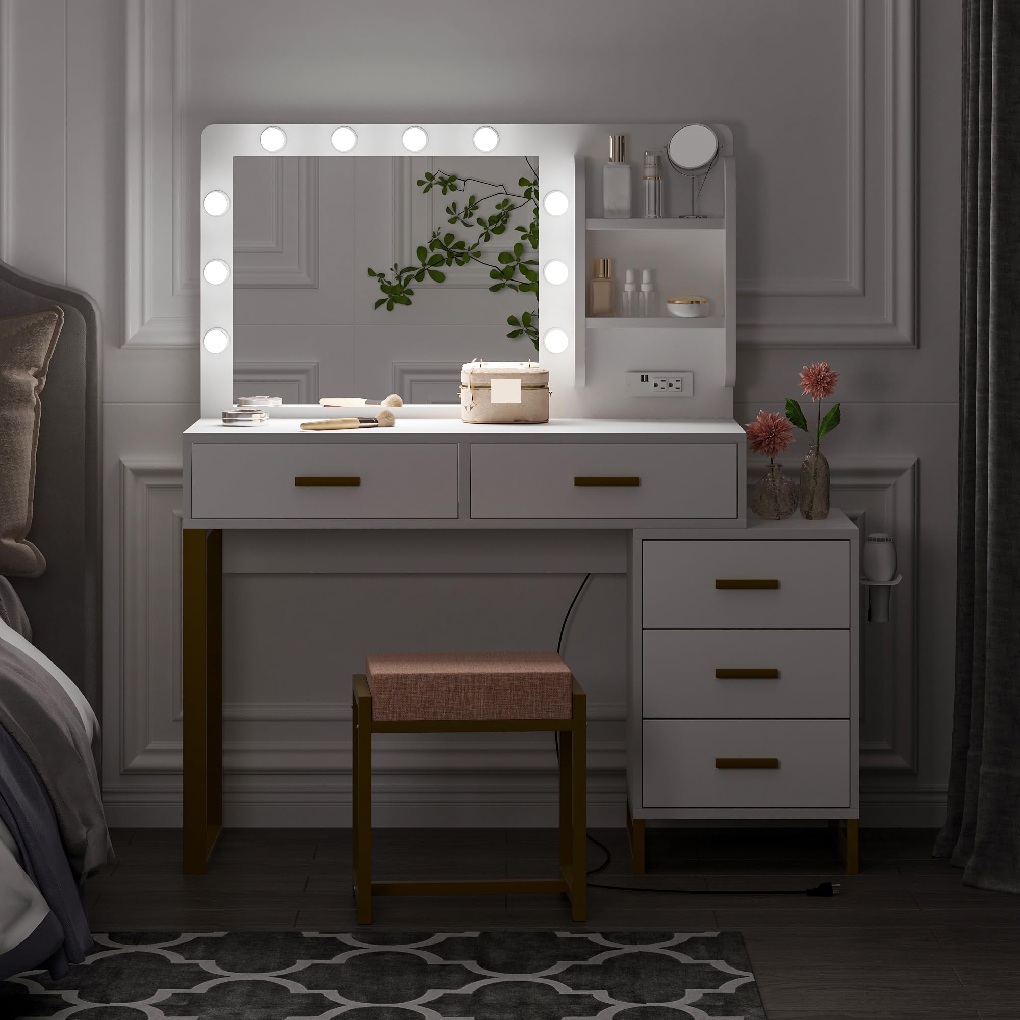 White Makeup Vanity Desk with LED Lights & Mirror - 3 Color Modes, 5 Drawers, Power Outlet & Chair Set - Perfect for Bedroom, Dressing Room & Beauty Salon