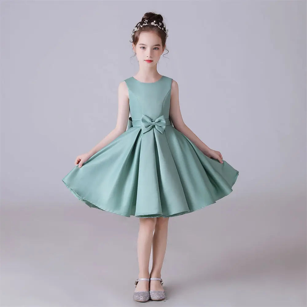 Girls Sleeveless Satin Bow Flower Princess Dress - Elegant O-Neck Party Gown for Birthday, Flower Girl, Pageant & Special Occasions