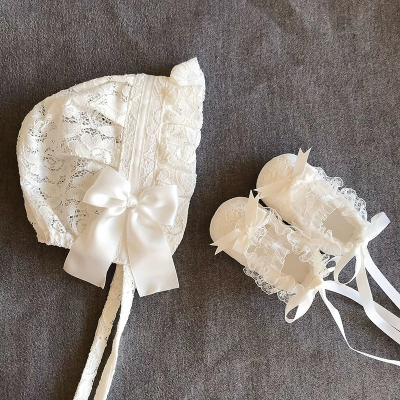 Baby Girl Princess Hat & Lace Shoes Set - Elegant Newborn Photo Outfit for Christening, Birthday & Special Occasions
